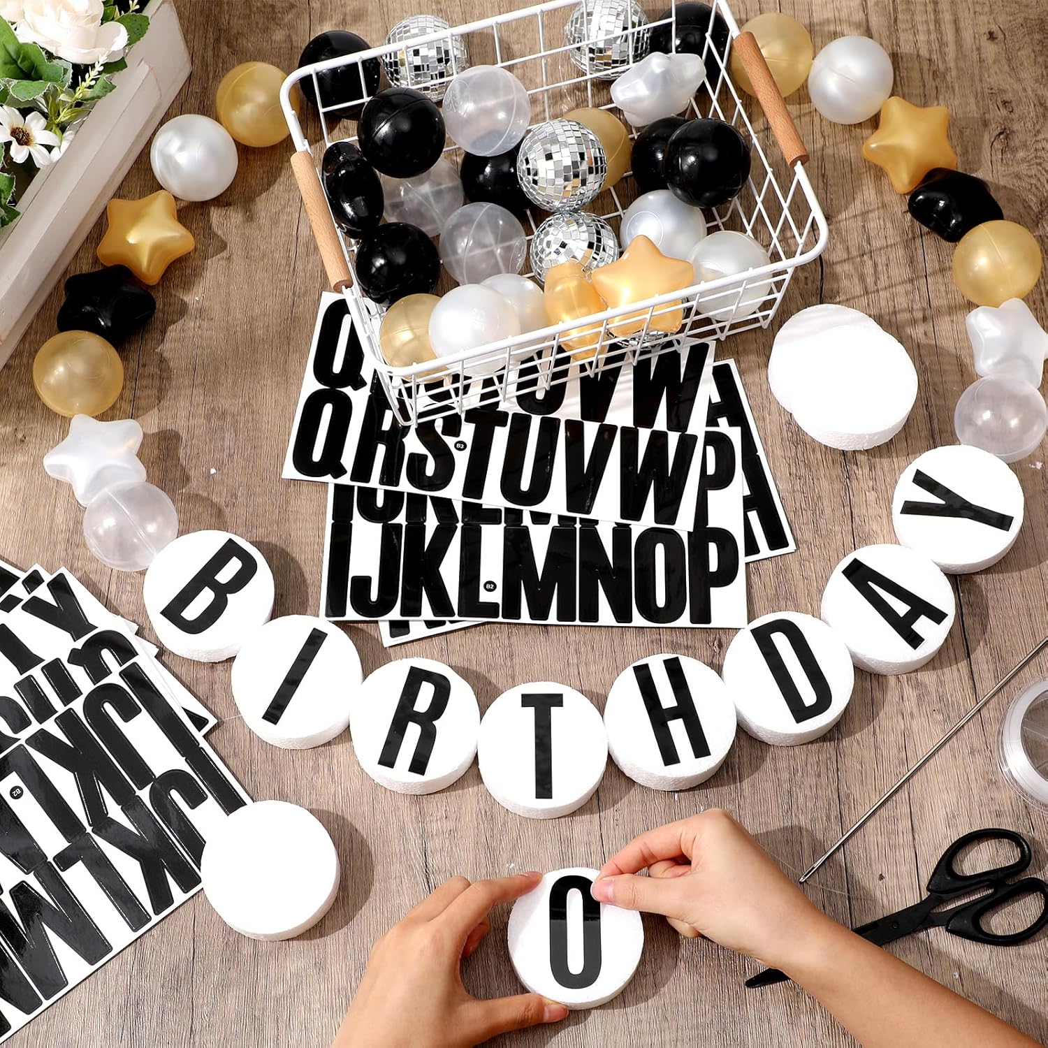 Simgoing Giant Friendship Bracelet Garland Kit DIY Banner with Letter Ball Jumbo in My Birthday Era Decorations for Classroom Kpop Disco Party Supplies Photo Booth Backdrop(Black, Gold, White)