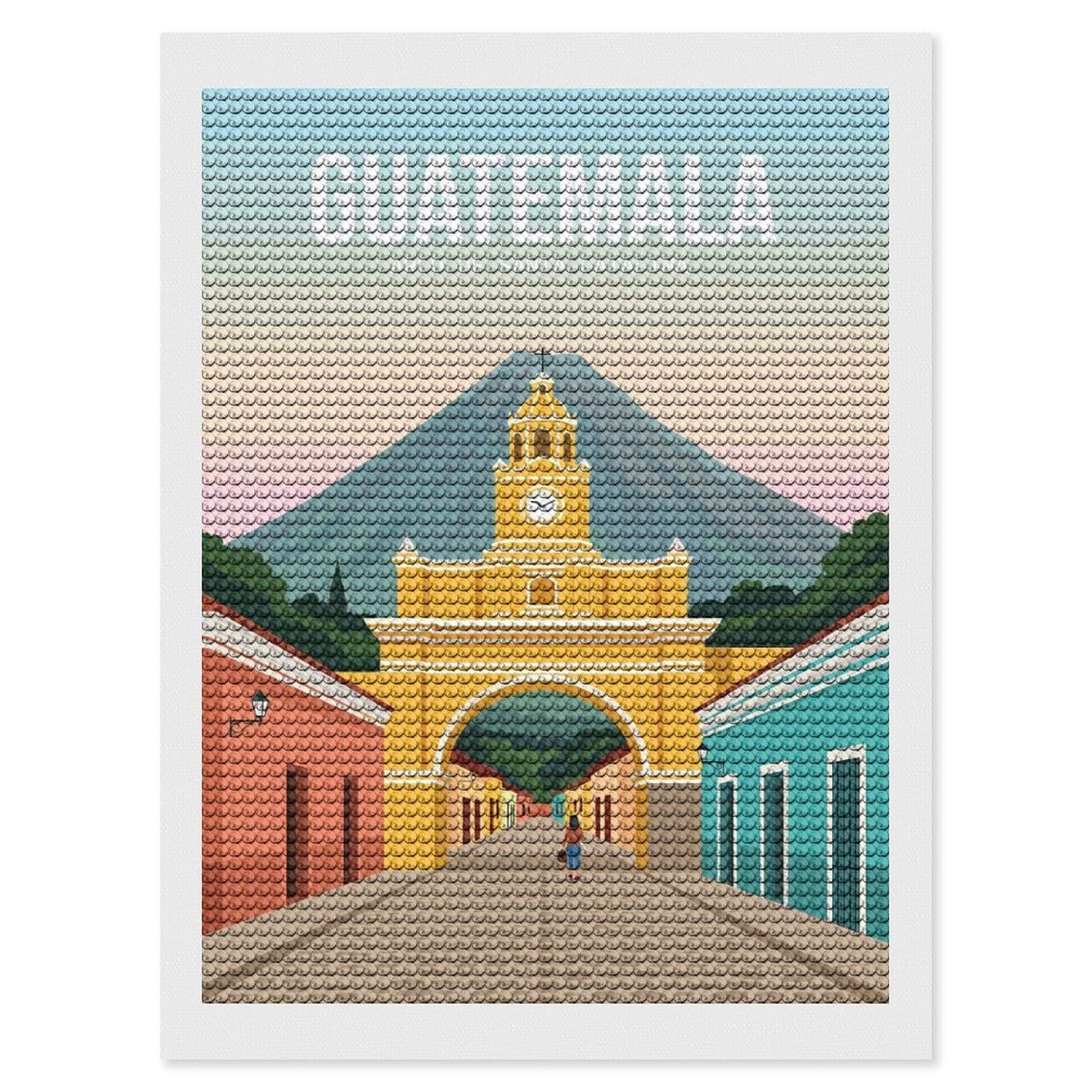 Junmoney Guatemala Arco De Santa Catalina DIY Diamond Art Canvas Kit 12"x16", for Teens, Finish and Display, Holiday Gift Idea, Vintage Style Decor