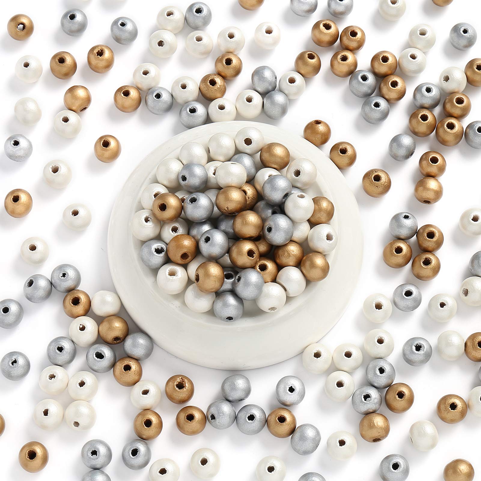 DAHI 300pcs Gold Wooden Beads Natural Gold Silver White Craft Beads,Round Wooden with Hole for DIY Jewellery Making Craft Necklace Bracelet 3 Colours (12mm) - Image 3