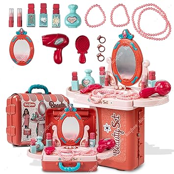 Baybee 3 in 1 Kids Beauty Makeup Kit Set Toys for Girls, Convertible Dressing Table & Portable Suitcase, Pretend Play Toys with Make up Accessories, Role Play Kids Toys 2+ Years Girls (Pink)