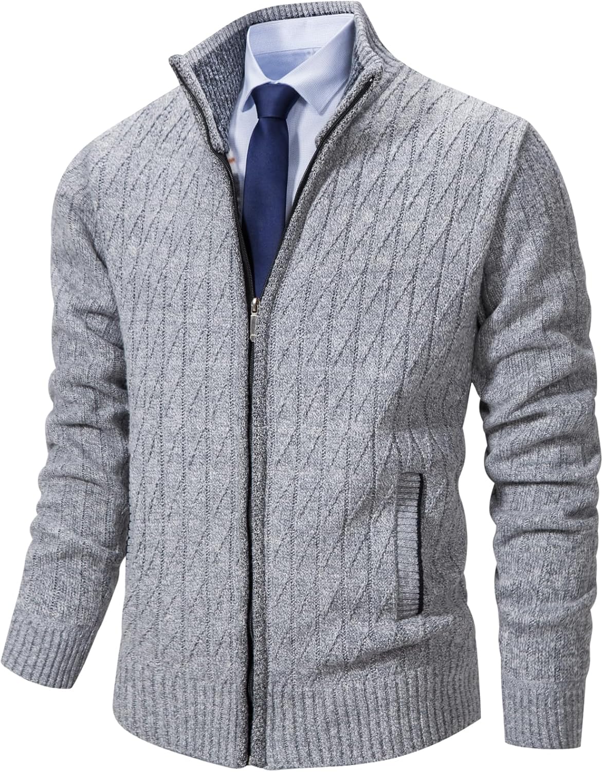 XinYangNi Men's Cardigan Sweaters Knit Zipper Casual Slim Fit Stand Collar with Full Zip and Pockets