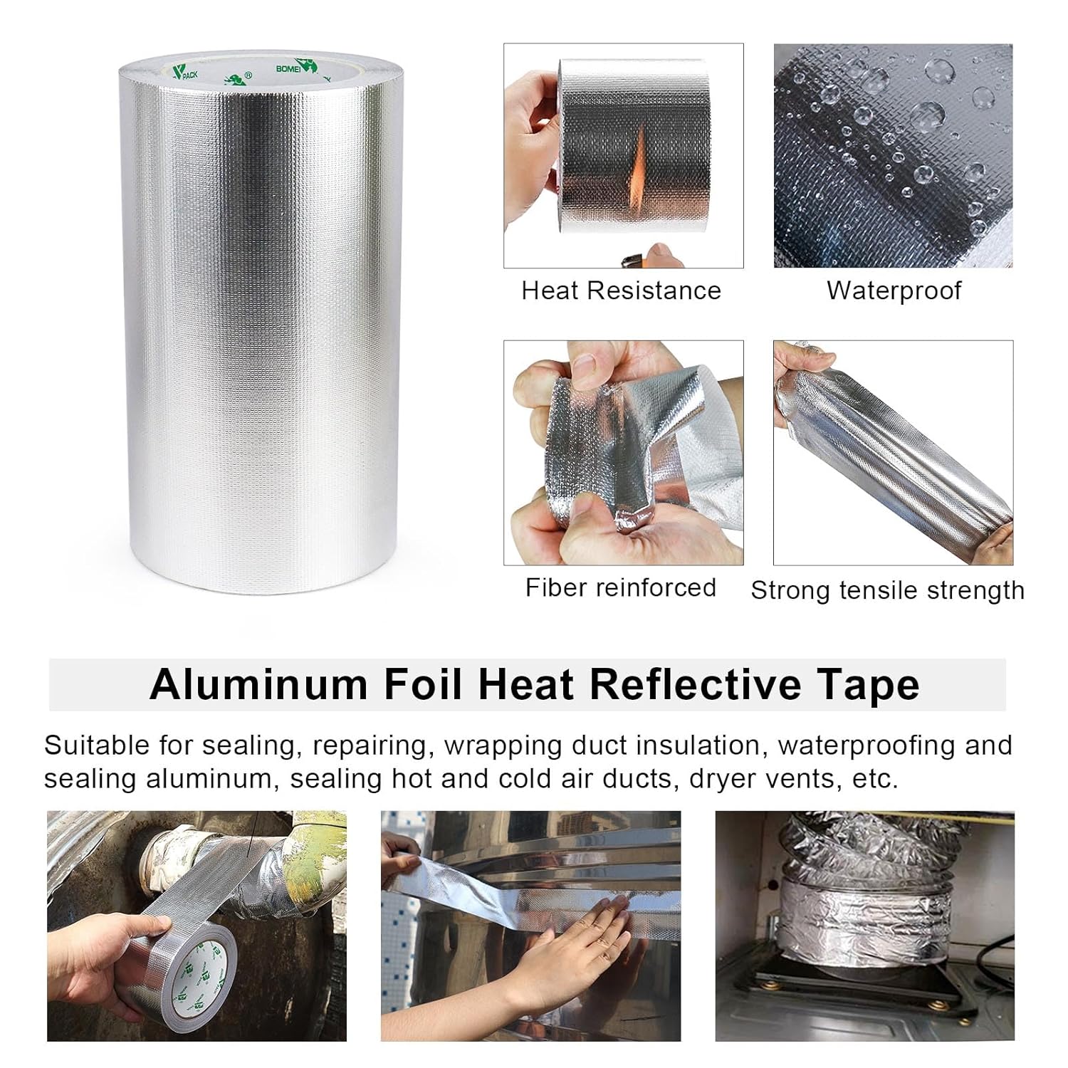 BOMEI PACK Adhesive Aluminum Foil Heat Shield Tape 1Pack 8inch x 66ft, Barrier Fiberglass Thermal Insulation Reflective Material High Temp Protectionn