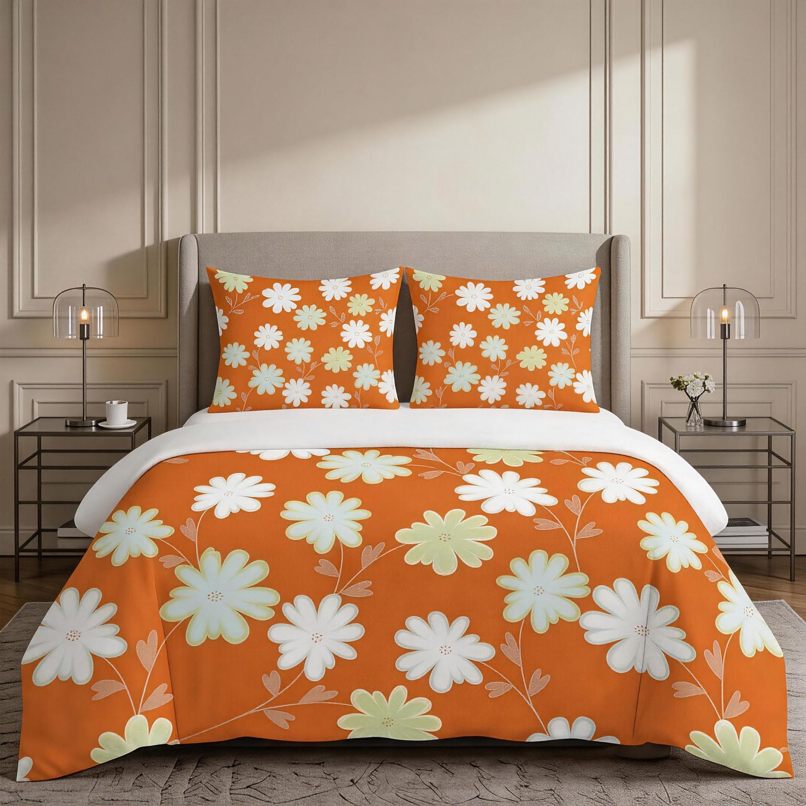 Housse de couette orange et blanche pour une chambre parentale lumineuse et chaleureuse