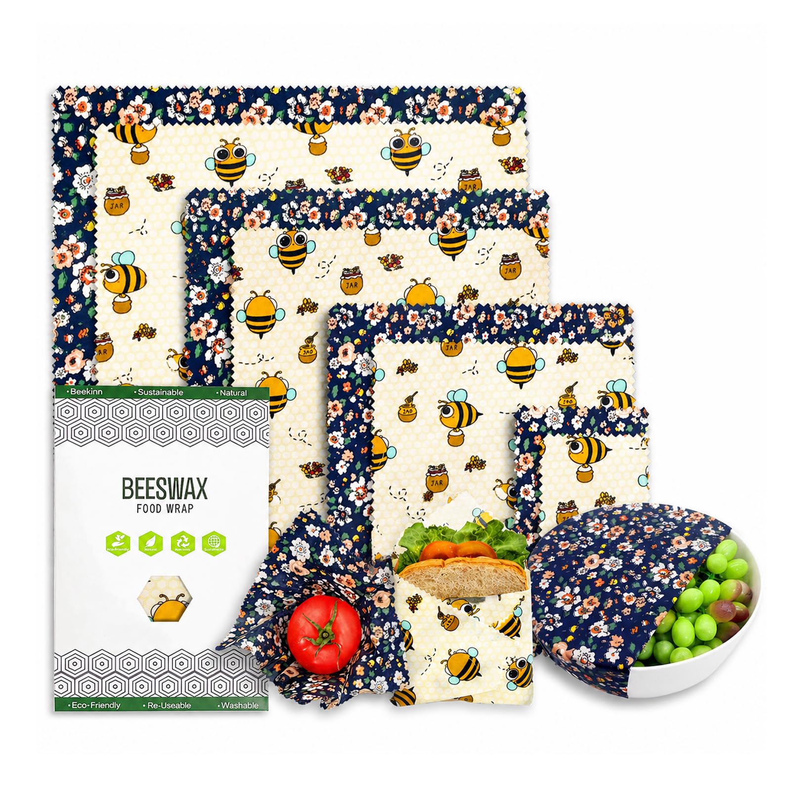 Set 8 Paños De Cera De Abeja Reutilizables, Algodón Orgánico (2XL 2L 2M 2S), Alternativa Práctica A Plástico, Uso para Frutas Pan Y Cocina, Fácil Limpieza Y Almacenamiento