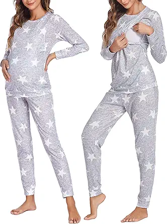 Ekouaer Maternity & Nursing Thermal Underwear Set Striped Knit Long Johns Set Top & Bottom Base Layer for Pregnant Women
