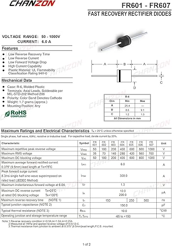 Miniatura 2 de Chanzon FR607 Diodo Rectificador de Recuperación Rápida 6A 1000V 150-500ns R-6 Axial 6 Amp 1000 Voltios Diodos Electrónicos