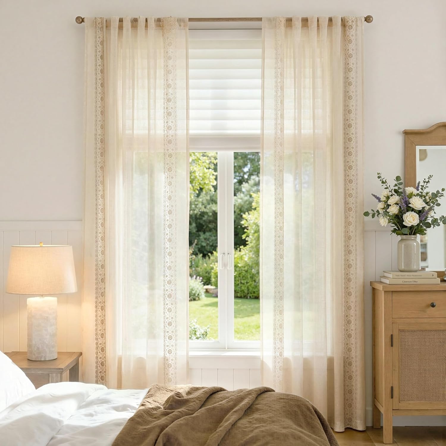 jinchan Weslie Beige Floral Sheer Curtains for Living Room 84 Inch Long Embroidered Voile Farmhouse Linen Curtains for Bedroom Ivory Flower Patterned Cottage Core Window Drapes 2 Panels Ivory on Beige