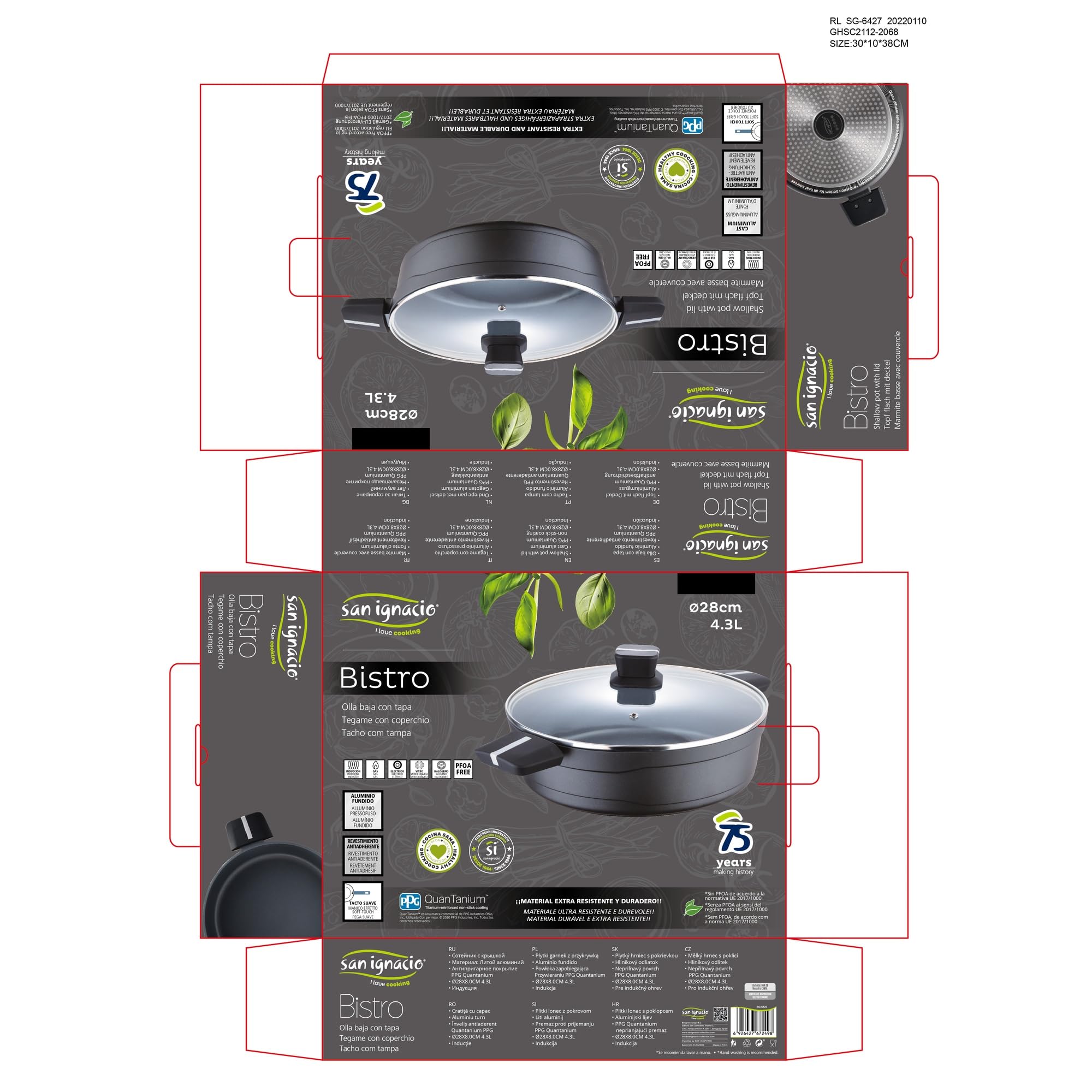 San Ignacio Bistro Grey - Olla Baja de 28cm - Fabricada en Aluminio Fundido - Interior En Acero Quantanium - Exterior En Negro Mate- Punto Inducción - Mango Soft Touch Negro