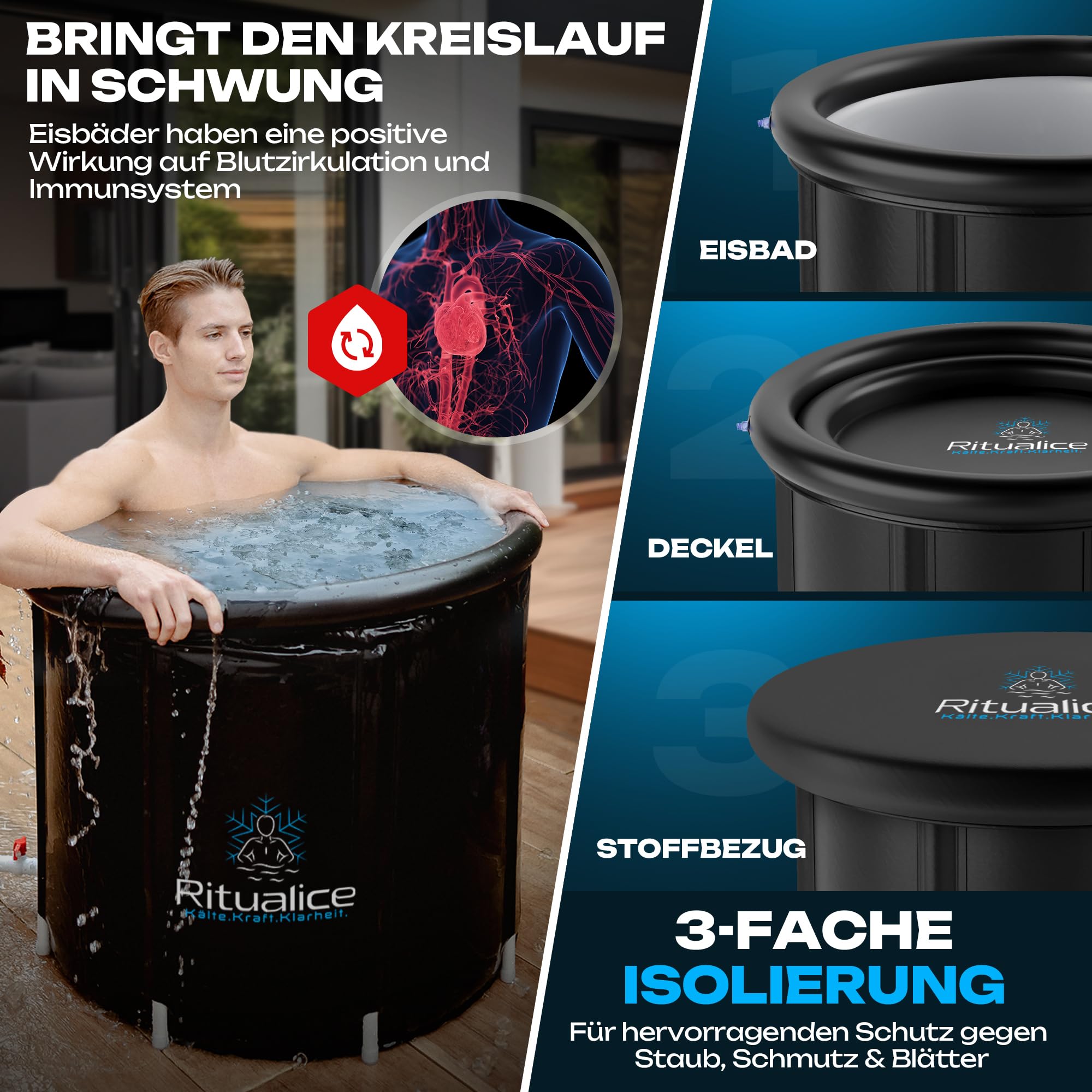 Eisbad XL 80 cm Komplettset mit Deckel & Stoffbezug | Eistonne/Eiswanne für Kryotherapie, Eisbaden & Cold Plunge zuhause, 8 Stützstangen, 5-Schichten-Material