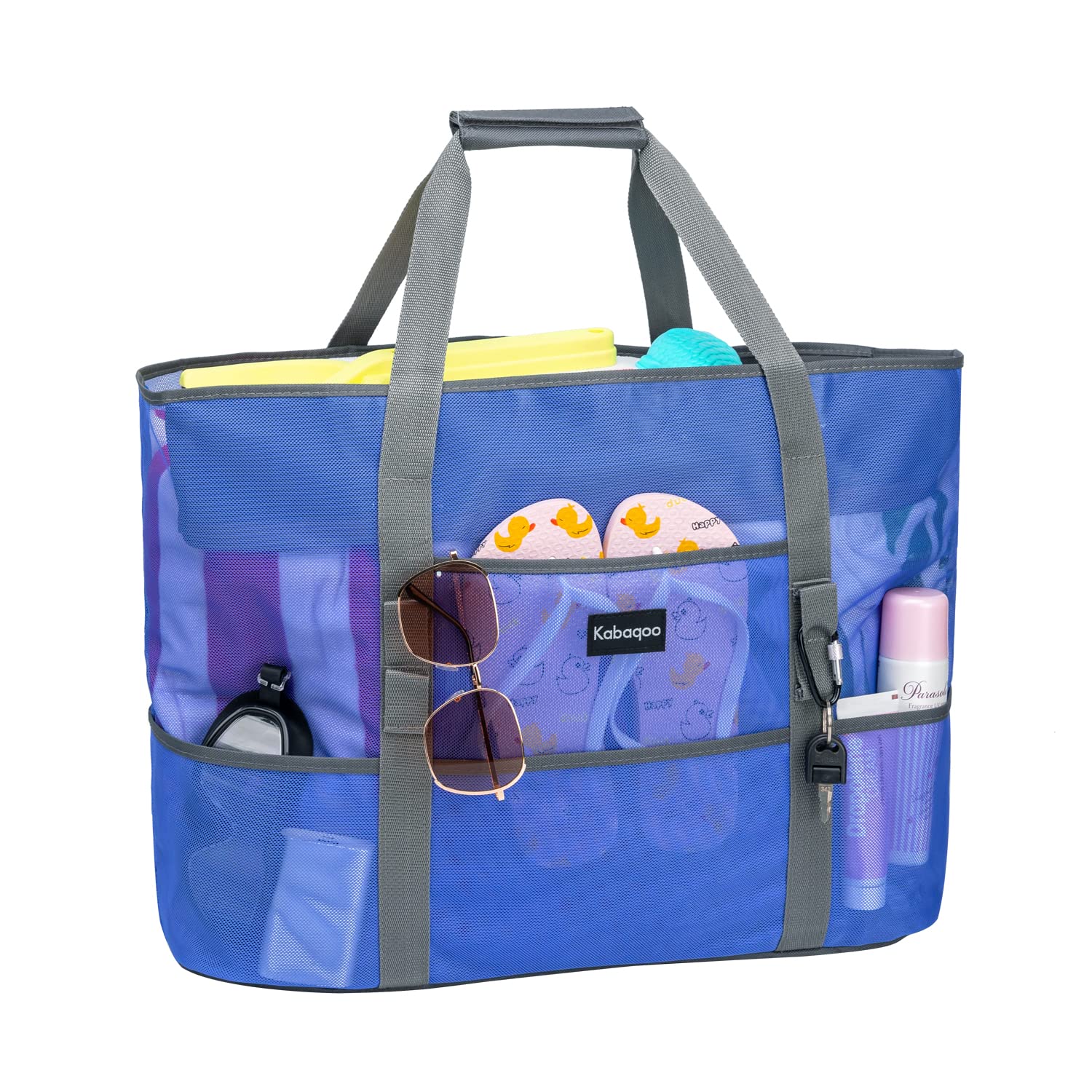 KABAQOO Mesh Beach Bag, Extra Large Beach Bags with 9 Pockets & Zipper Waterproof Lightweight Beach Tote for Beach/Pool Trip
