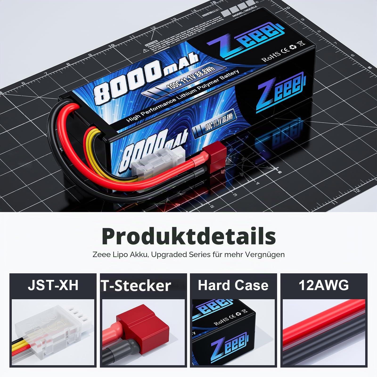 Zeee 3S Lipo Akku 11,1V 8000mAh 100C RC Batterie Hardcase mit T Stecker