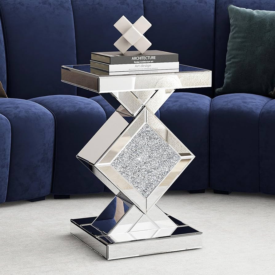 blingworld Mirrored End Table with Crystal Inlay, Square