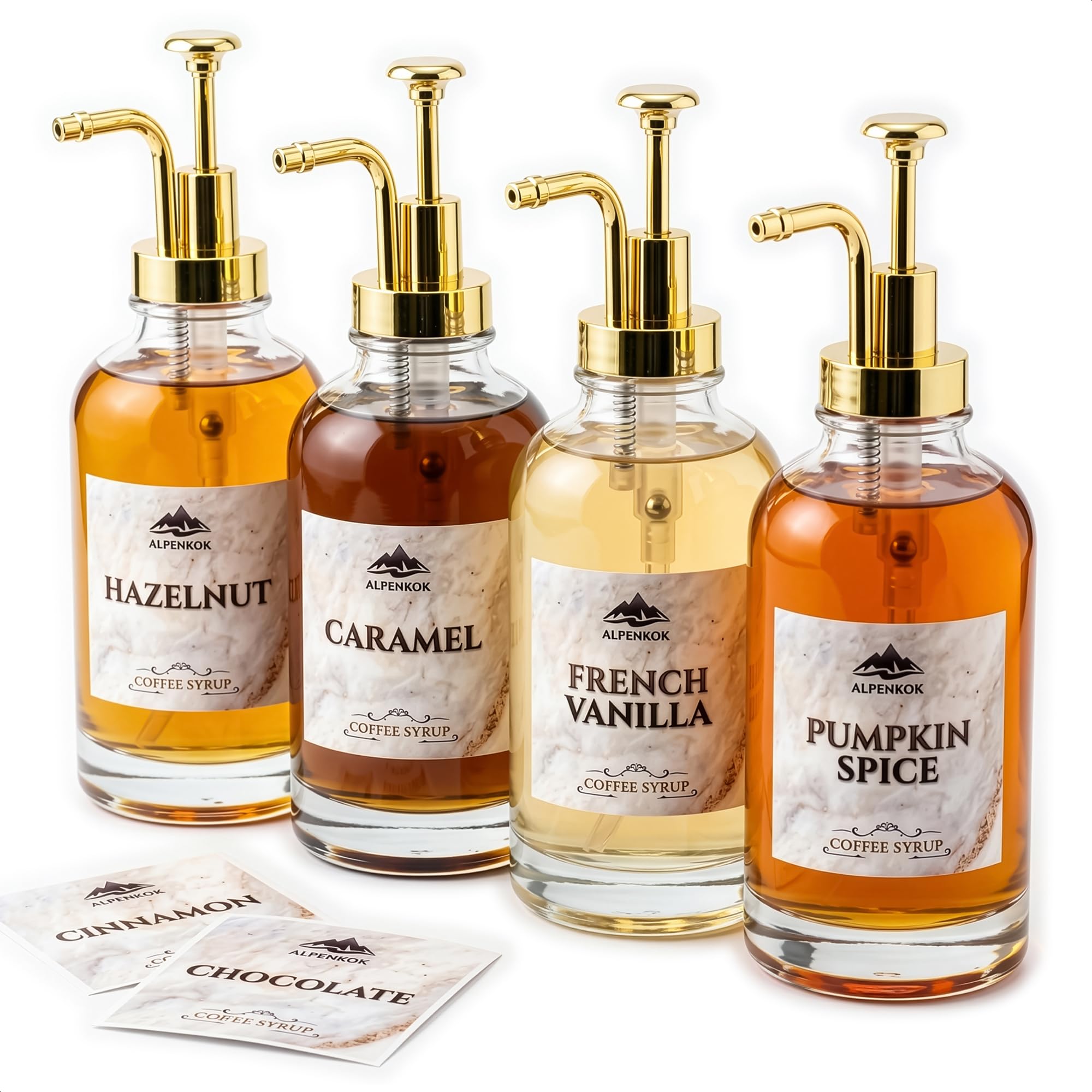 Set of 4 Glass Syrup Bottles with Pumps, 16.9 oz 500 ml (Gold)