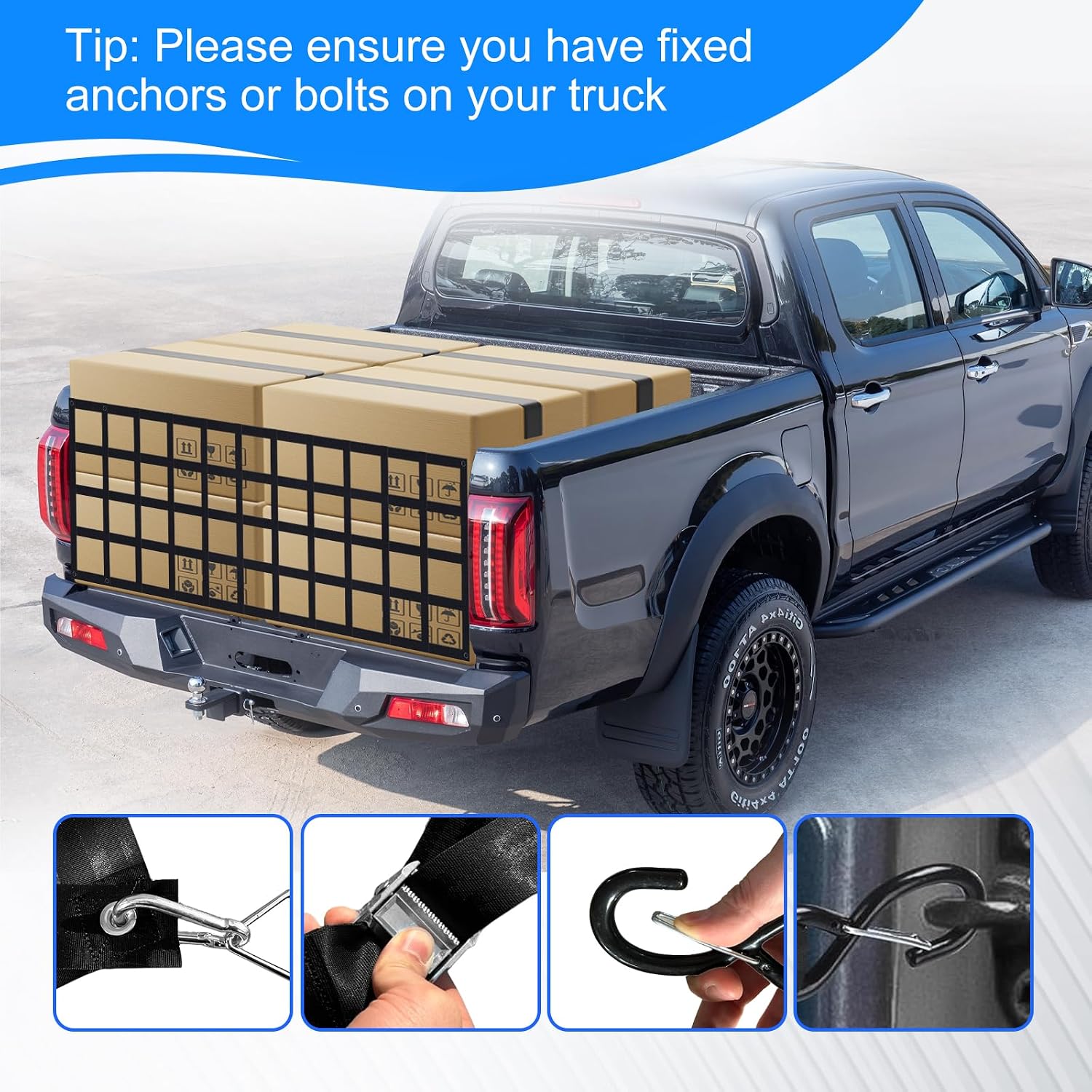 Heavy Duty Tailgate Net for Truck Bed, Cargo Net Durable Truck Bed Extender Tailgate Cargo Net with 4 Adjustable Buckle Straps, Perfect for Trailer, Pickup, Boat, Jeep, SUV(60"x18")