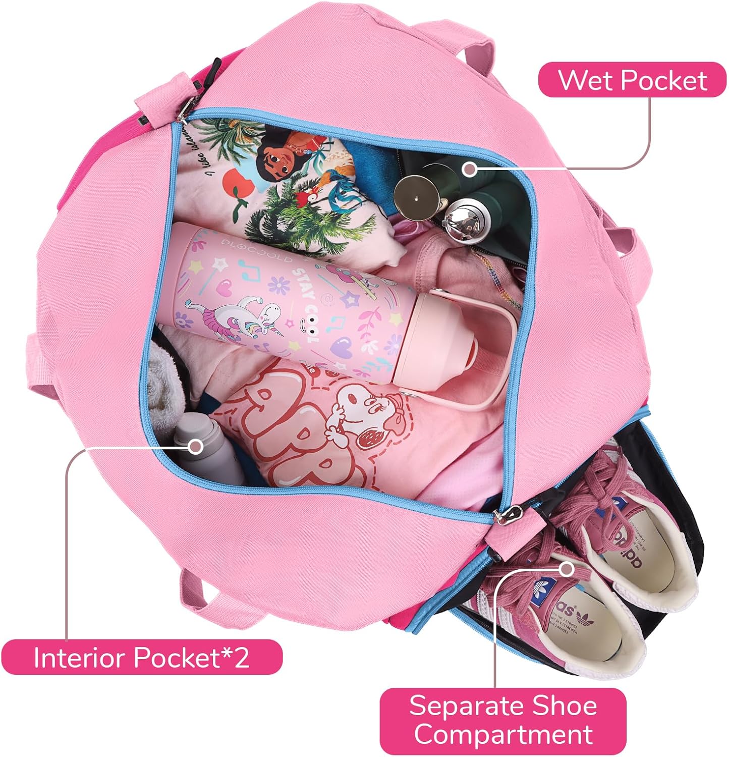 WOOMADA Travel Duffle Bag, Weekend Bag with Wet Pocket & Trolley Sleeve, Overnight Duffel(pink&hot pink)
