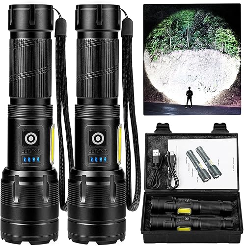 Linternas LED recargables de alto lúmenes, linterna súper brillante de 99,000 lúmenes, potente luz de flash 7 modos con luz de trabajo COB