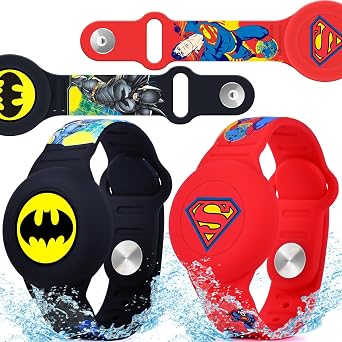 Waterproof Air Tag Bracelet for Kids [2 Pack], Cute Cartoon Air Tag Holder for Kids with Full Coverage Hidden Design, Silicone Airtag Wristband for Child, Healthy Material Red+Black