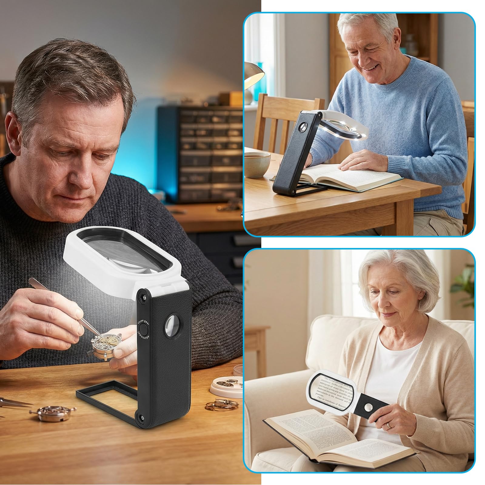 Lente di Ingrandimento con Luce e Base 10x & 25x Ingrandimento,Lente Pieghevole da Tavolo con 9 LED, Luce UV, Scala di Misura - Per Lettura, Gioielleria, Collezionismo, Hobby, Anziani