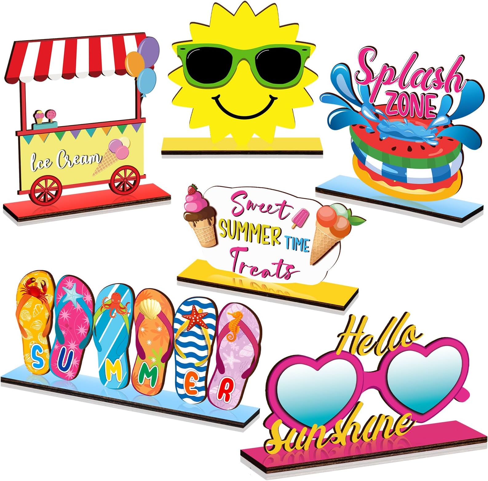 Barydat 6 Pcs Summer Wooden Table Decor Hello Summer Wood Signs Sunshine Table Centerpieces Beach Table Decor Farmhouse Tiered Tray for Home Kitchen