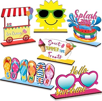 Barydat 6 Pcs Summer Wooden Table Decor Hello Summer Wood Signs Sunshine Table Centerpieces Beach Table Decor Farmhouse Tiered Tray for Home Kitchen