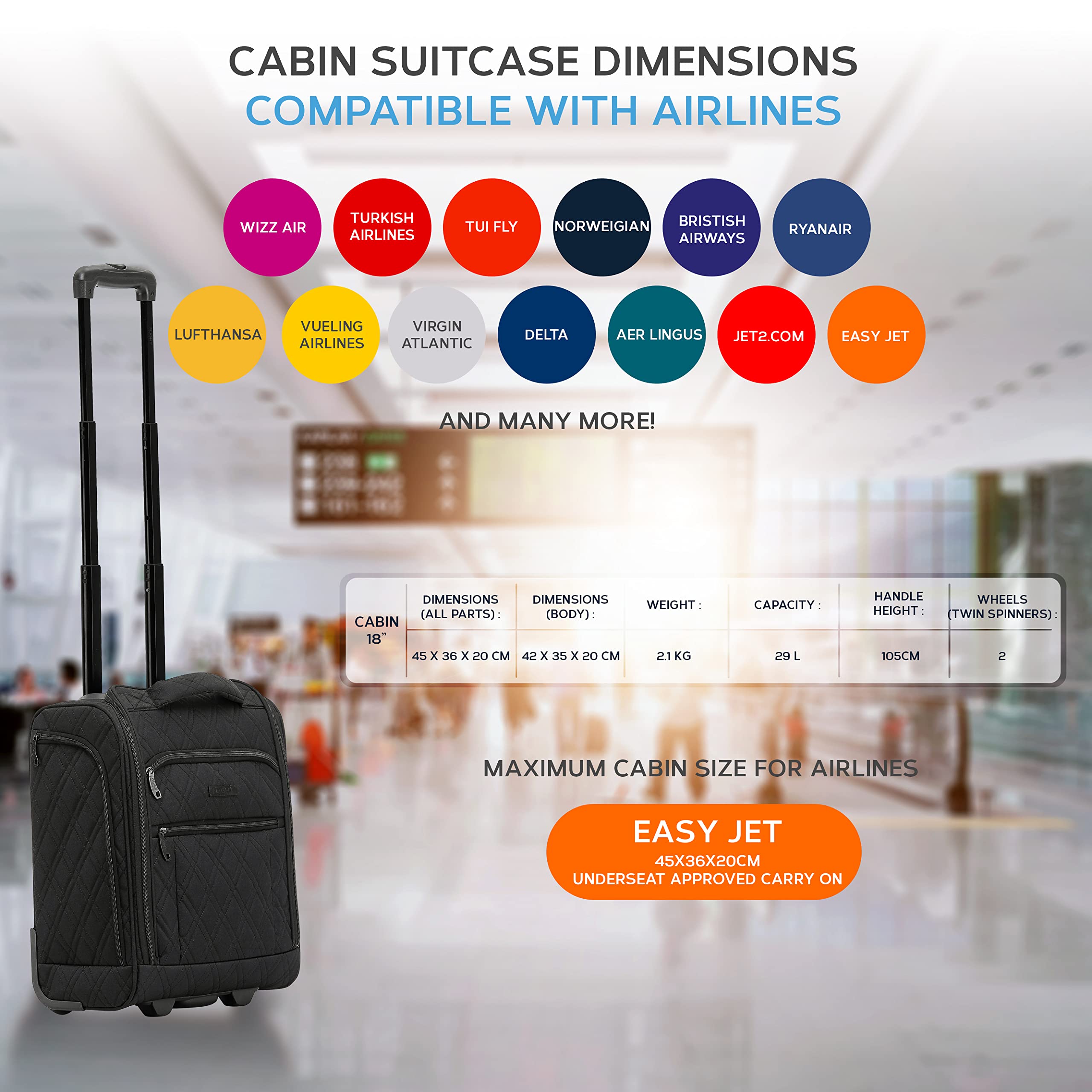 Flight Knight 45x36x20cm easyJet Underseat Carry On Non Priority Approved Hand Luggage Case - 2 Wheels - Ultra Lightweight Durable Soft Case Textile Cabin Suitcase