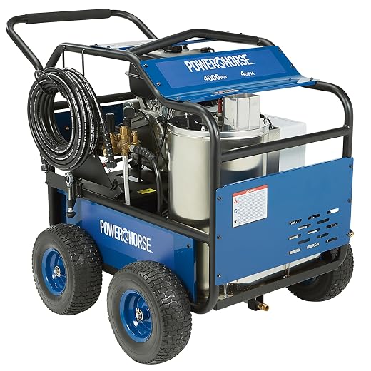Powerhorse Gas Hot Water Pressure Washer with Diesel Heater, 4,000 PSI | 4 GPM, Senci Engine, Commercial cleaning performance, Jobsite mobility, Easy setup, Reliable operation, Durable construction