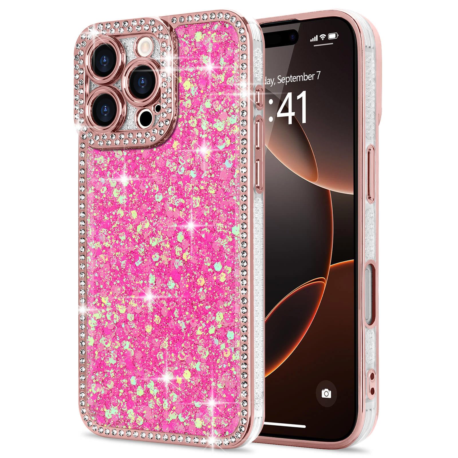 Lafunda Cover Glitter Compatibile con iPhone 16 Pro Max Cover per Ragazze, Custodia Lucida con Diamanti, 3D Bling Cristallo Case per iPhone 16 Pro Max-Rosa Acceso