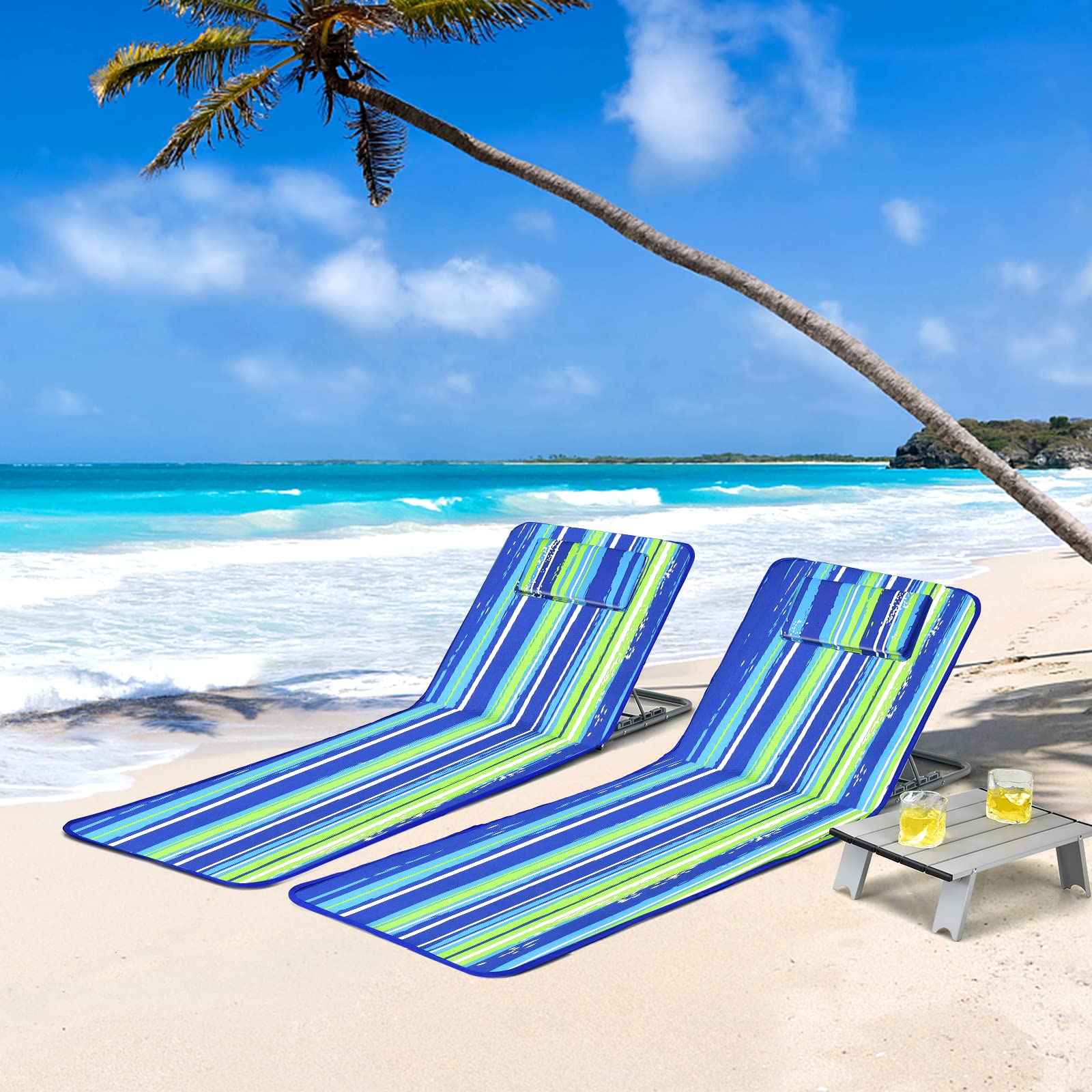 GYMAX Tappetino da Spiaggia Reclinabile, Set di 2 Sedie e Tavolino, Angolo Regolabile, Design Pieghevole Multifunzione, Adatto per Spiaggia, Parchi, Cortili, Campeggio (Blu e verde)