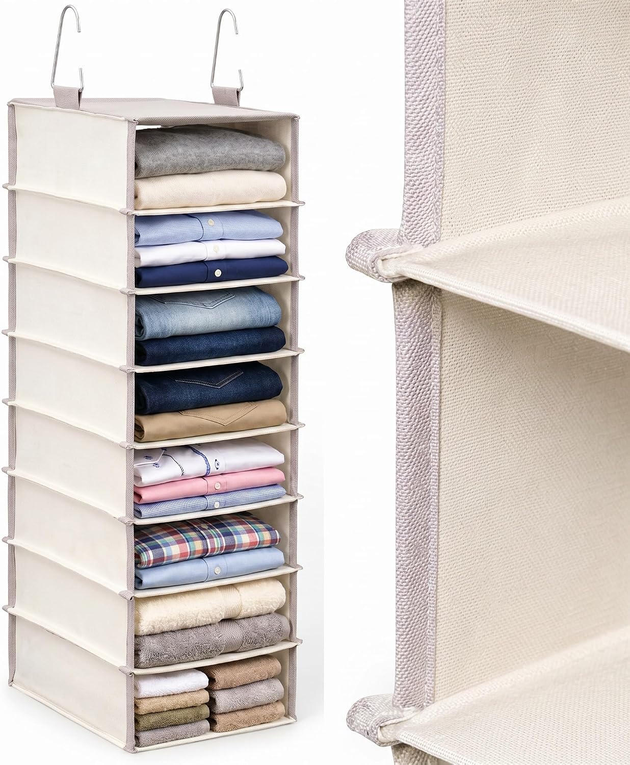 Tudomro 8 Shelf Hanging Closet Organizer Cotton Canvas Storage Shelves with Metal Hooks for Rod Wire Foldable Breathable Beige 28" L x 8" D x 11.5" H Closets for Sweaters and Clothing