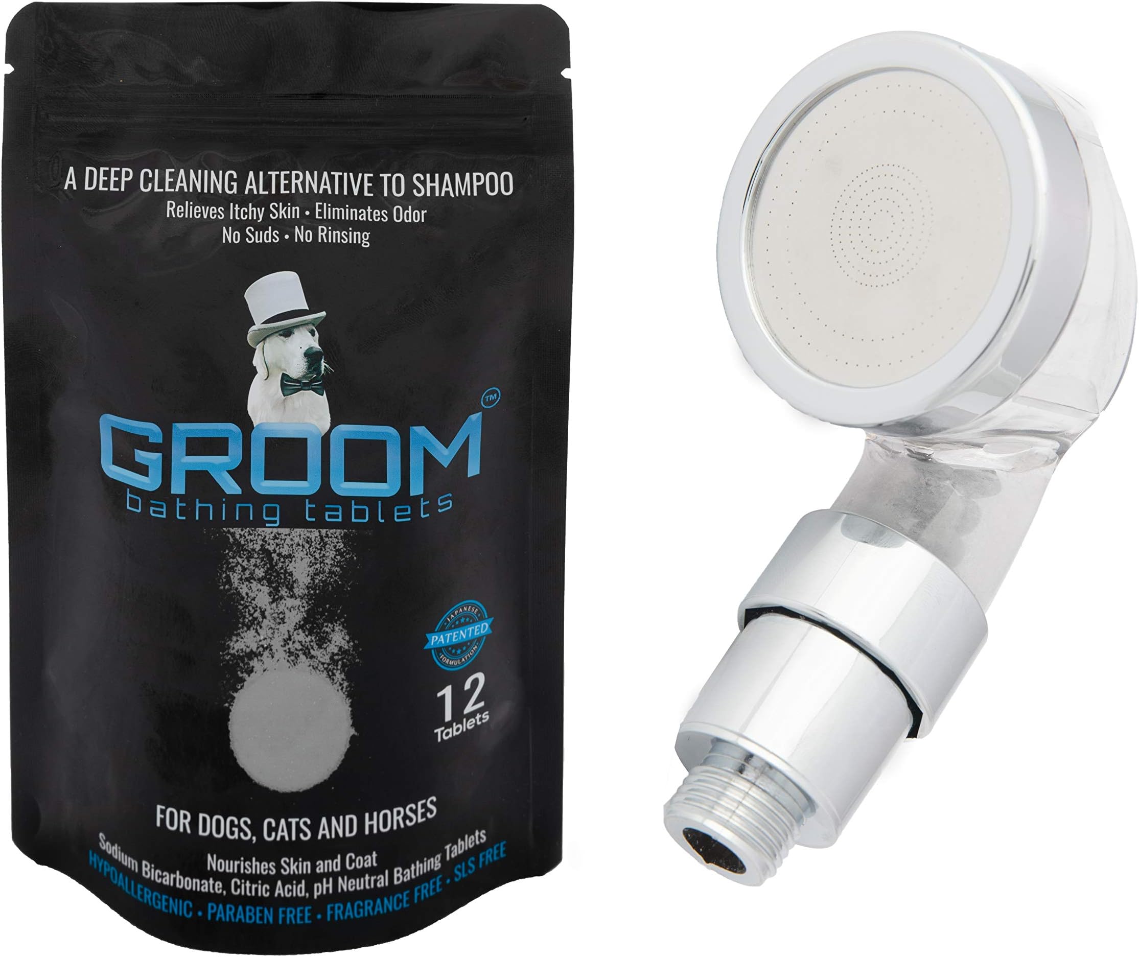 GROOM bathing tablets- Bathe Your Pet in ONLY 5 Minutes! Eliminate Itch & Odor Moisturizing Hypoallergenic Shampoo Conditioner Tearless No Suds, pH Neutral SLS Free. Puppies Dogs Cats Horses 12ct+Shwr