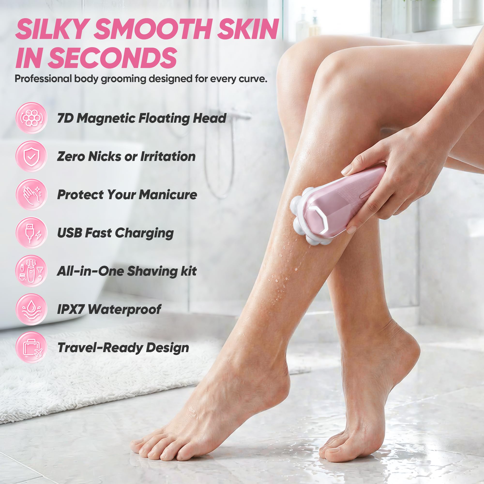 Condition photo showing New/Like New for electric shaver for women, electric razor with 7d magnetic shaver heads, wet dry bikini trimmer kit for women & men, nose ear hair trimmer, usb rechargeable clippers, pink
