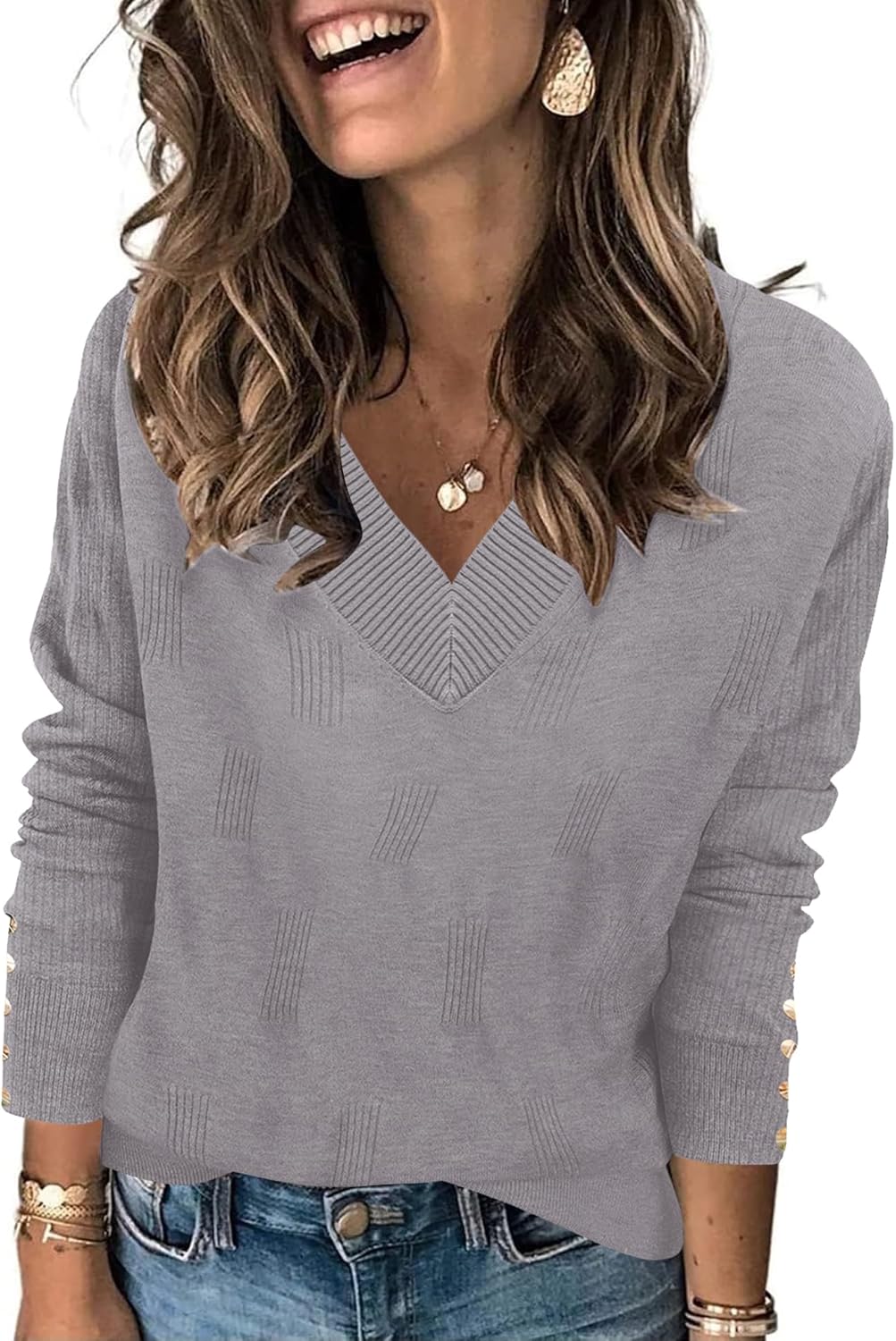 AKEWEI Womens V Neck Sweaters Long Sleeve Lightweight Knit Pullover Tops with Decorative Buttons