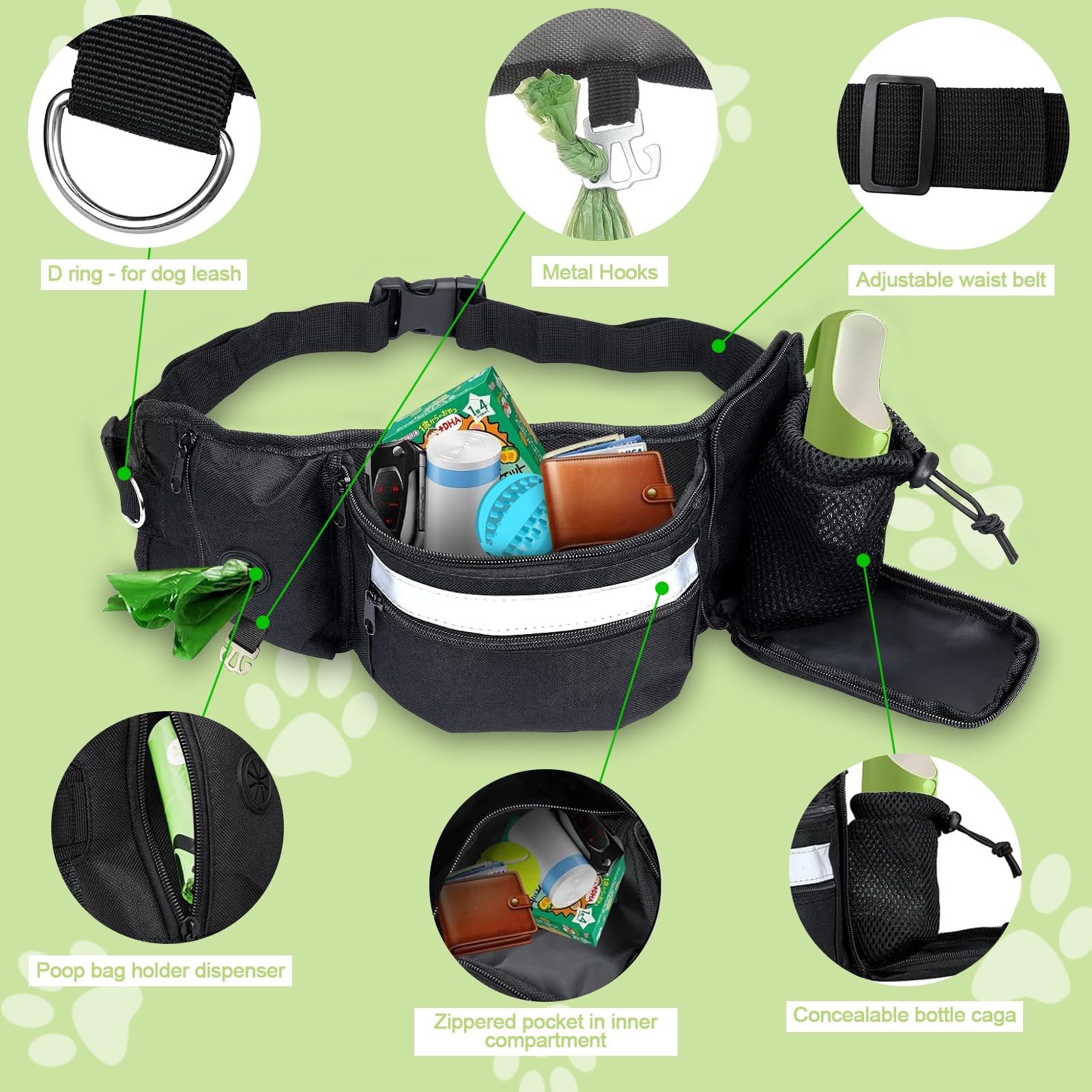 Borsa per cani e cani, borsa per cibo multifunzionale, per addestramento del cane, con dispenser per sacchetti, scomparto per cellulare e cintura per guinzagli flessibili, dolcetti e
