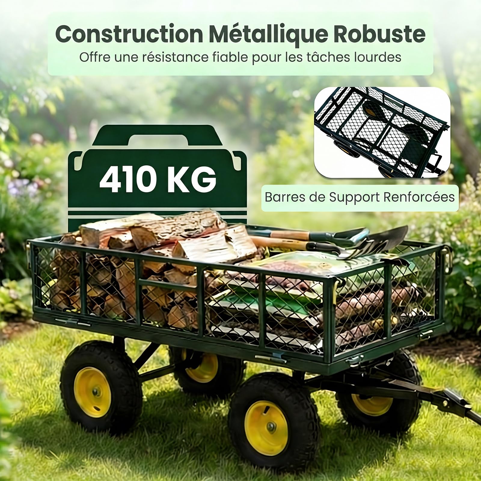 GYMAX Chariot de Transport de Jardin à 4 Roues, Charge Max 410 kg | Panneau de 4 Côtés Amovibles, Poignée Réglable à 120° et Rotative à 270°, Sac de Rangement Intégré, pour Plage Camping