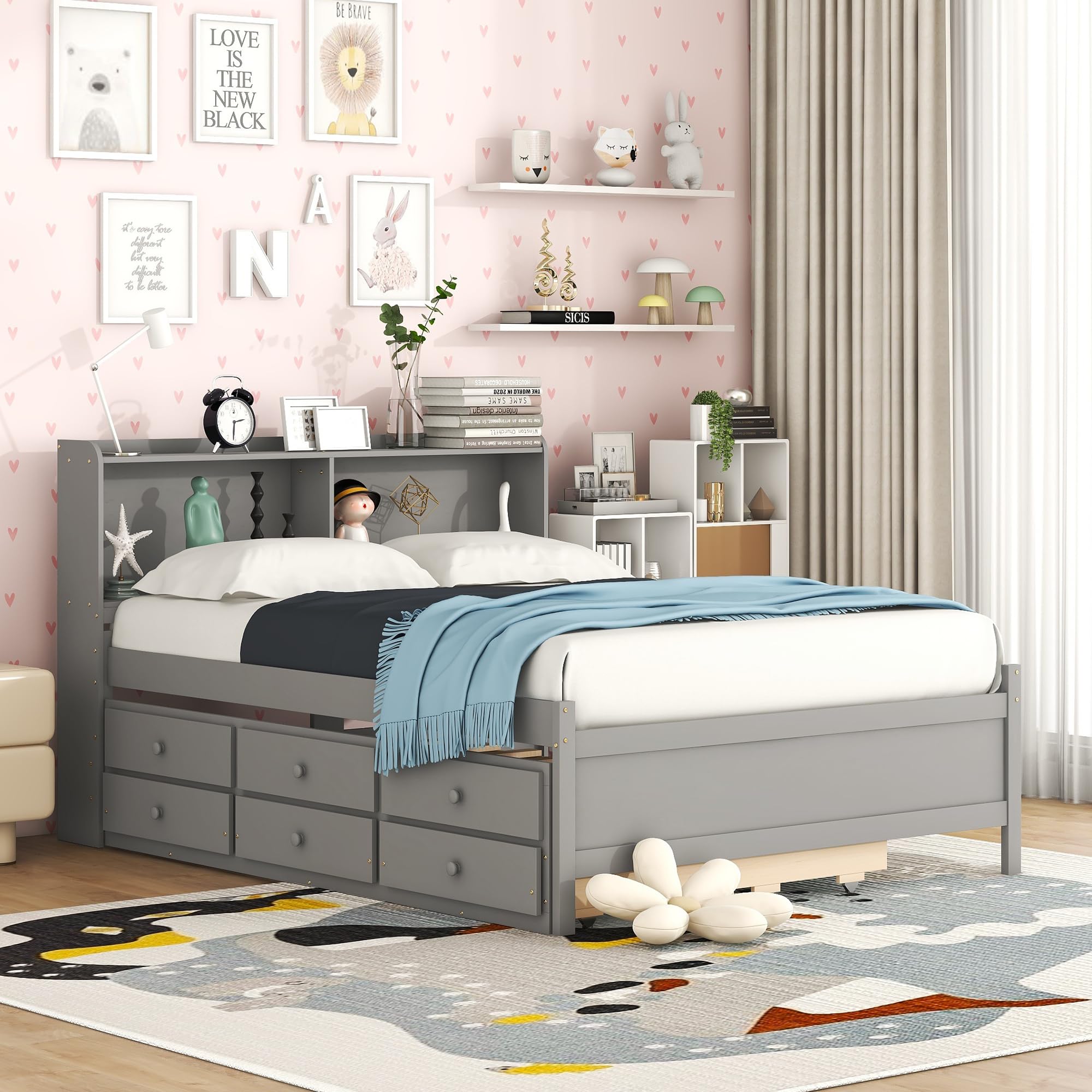 Harper & Bright Designs Full Bed Frame with Bookcase Headboard, Wooden Full Size Platform Bed with Trundle and 3 Storage Drawers,Full Storage Bed for Kids Girls Boys, Grey