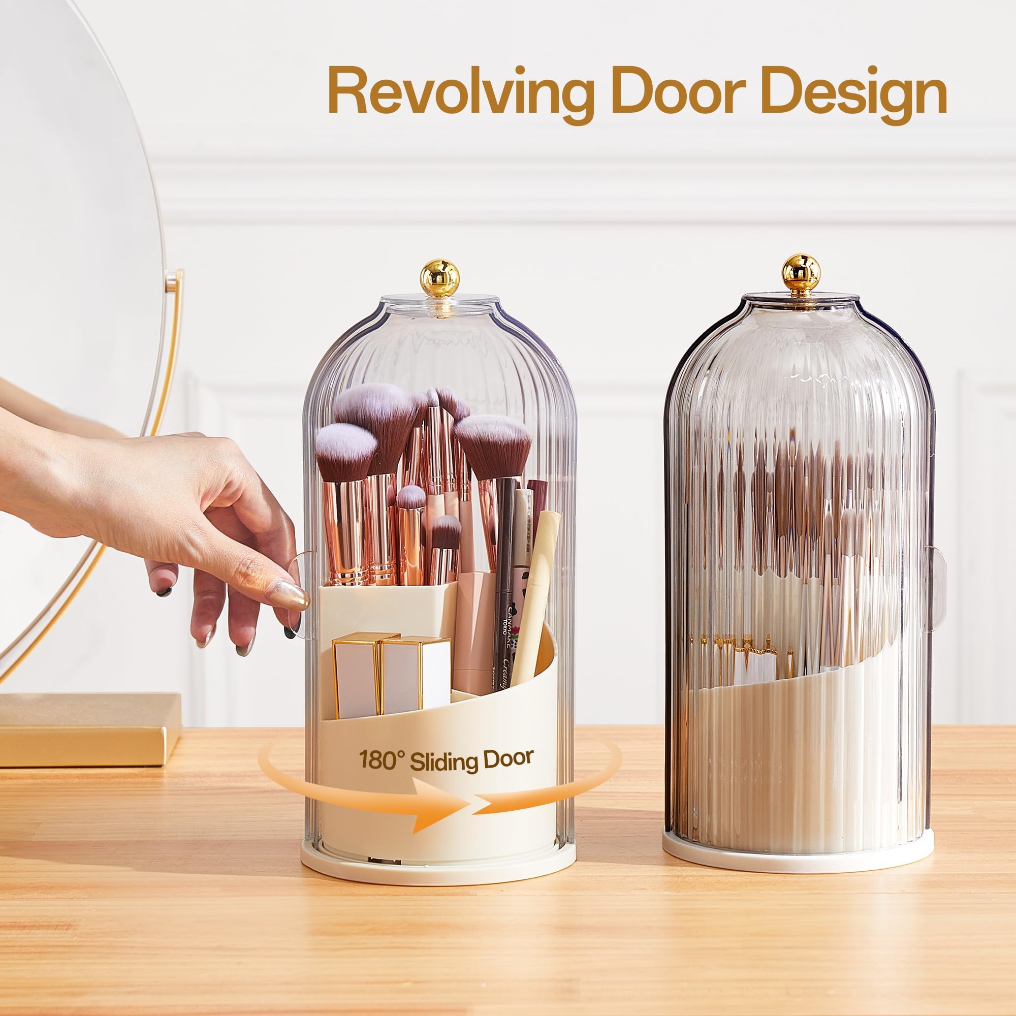 STORICANS Makeup Brush Holder Rotating Organiser with Clear Lid,Sliding Opening Dustproof Makeup Brush Case Make up Organizer Storage for Dressing Table Organiser,Vanity,White - Image 2