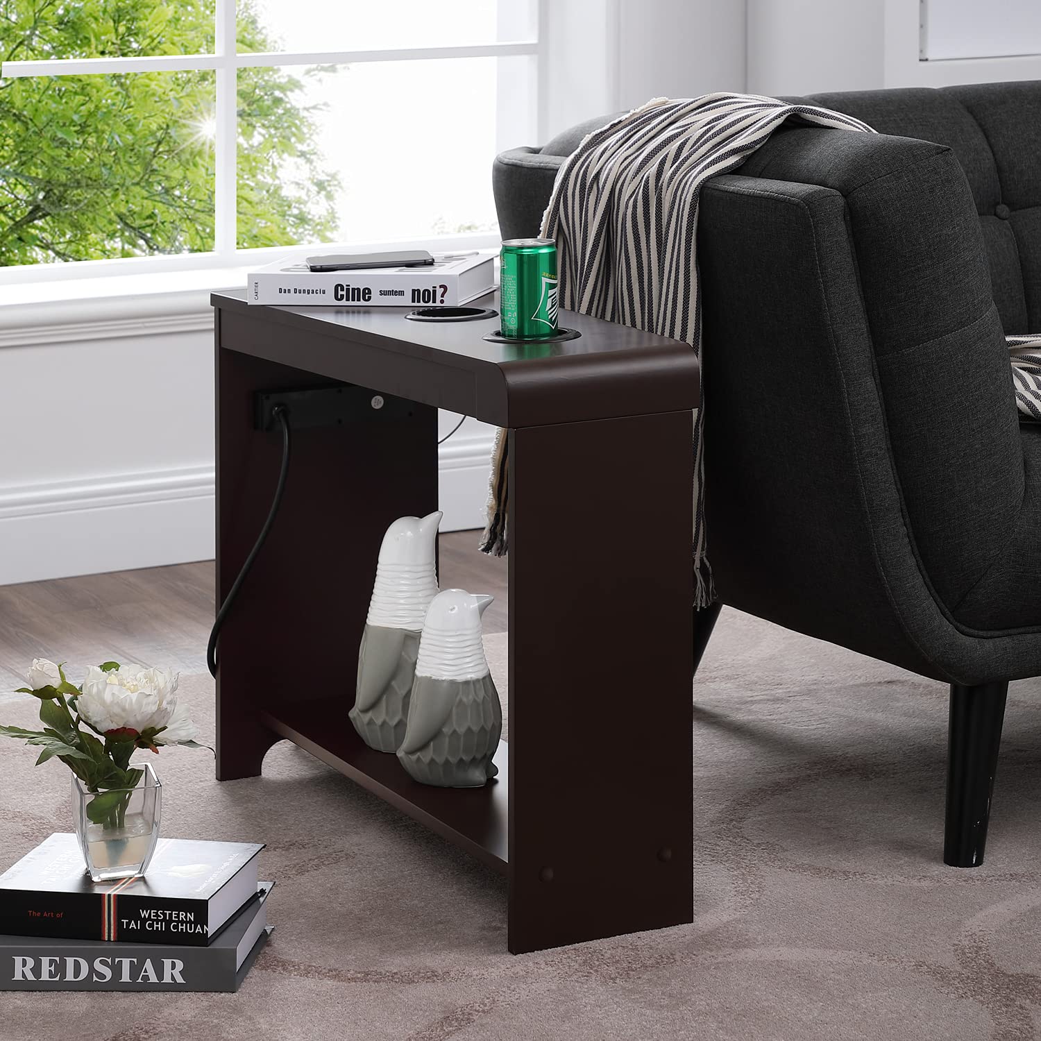 naomi home jade end table with charging station, usb ports & outlets, narrow side table, chair side table nightstand, bedside table, slim sofa end table for small spaces espresso