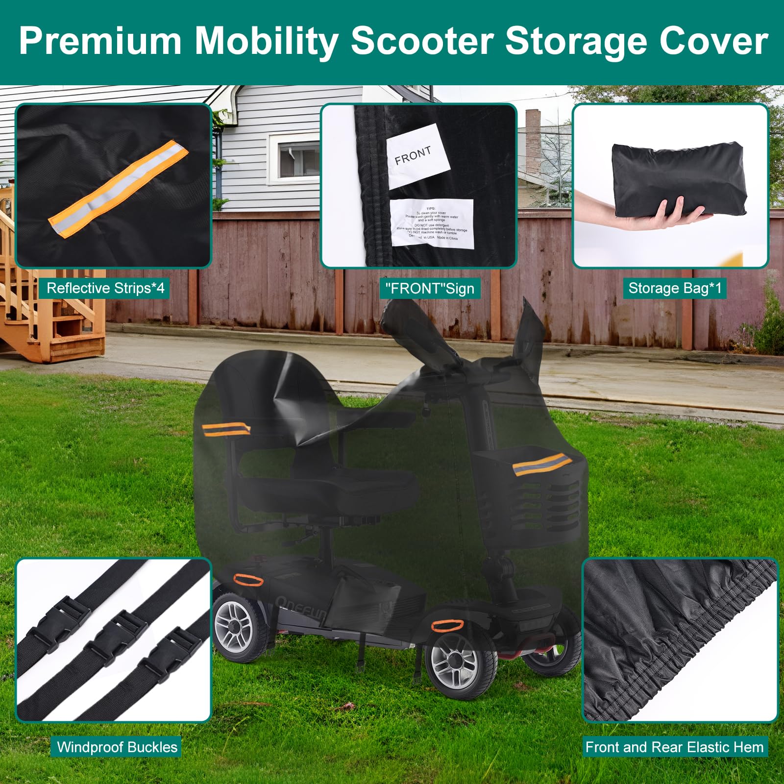 Fundas para scooter de movilidad para almacenamiento exterior, cubierta impermeable para scooter de movilidad 420D, capucha de espejo retrovisor, tiras reflectantes, hebillas resistentes al viento y