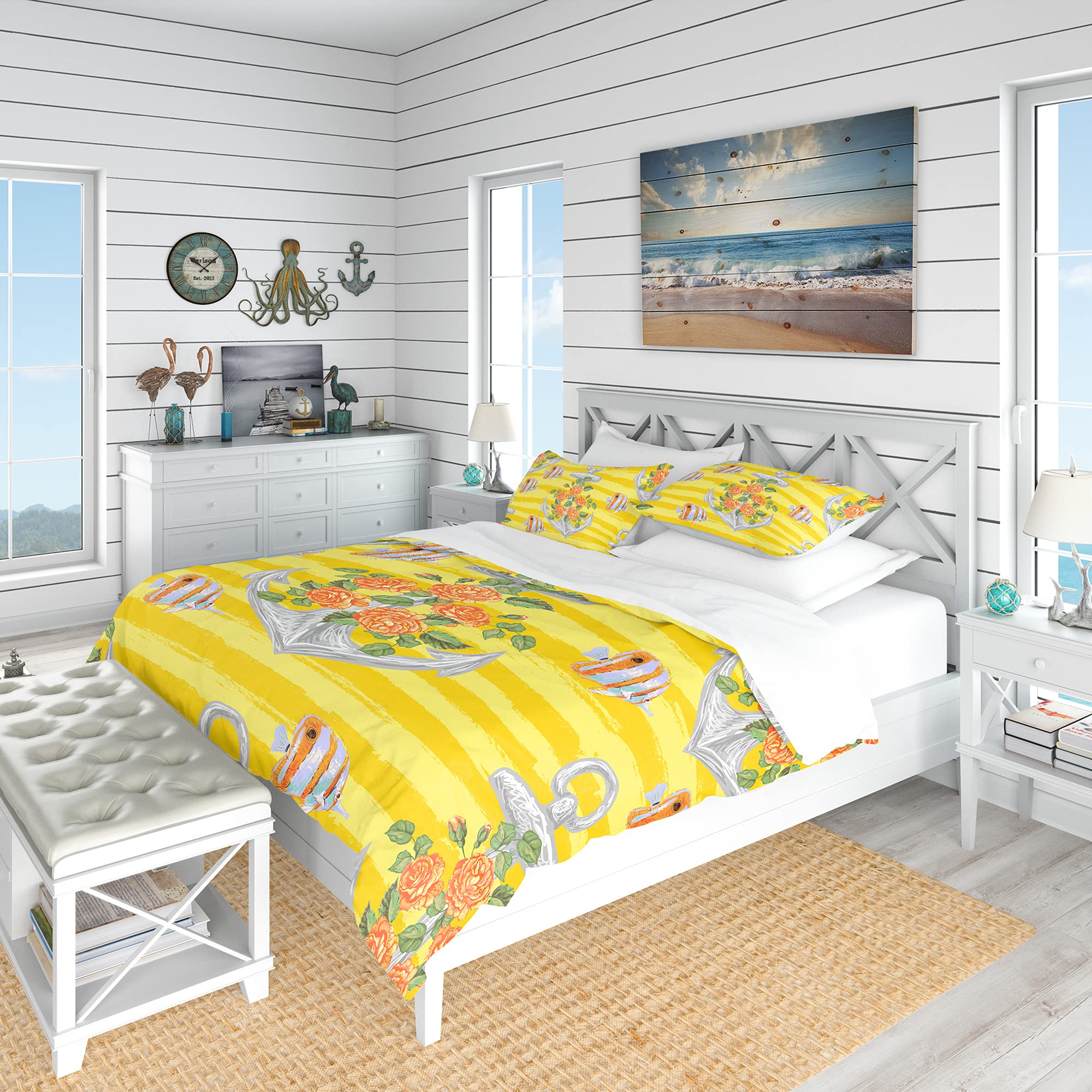 Parure de lit ancre jaune nautique DesignQ pour chambre adulte