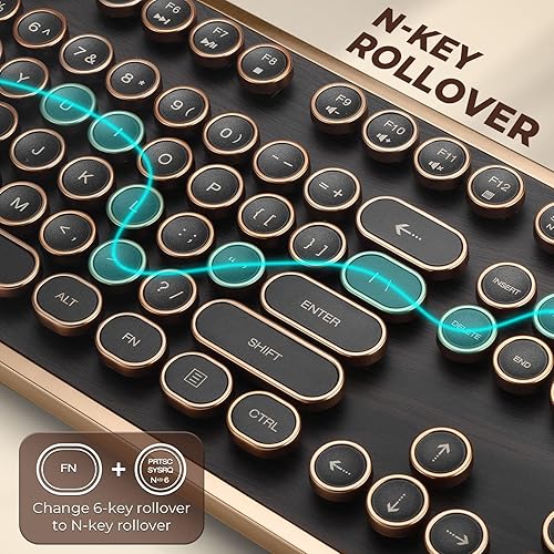 Miniatura 4 de RK104 - Teclado mecánico retro, 104 teclas de tamaño completo con cable con teclas redondas de máquina de escribir, grano de madera, rollo de tecla