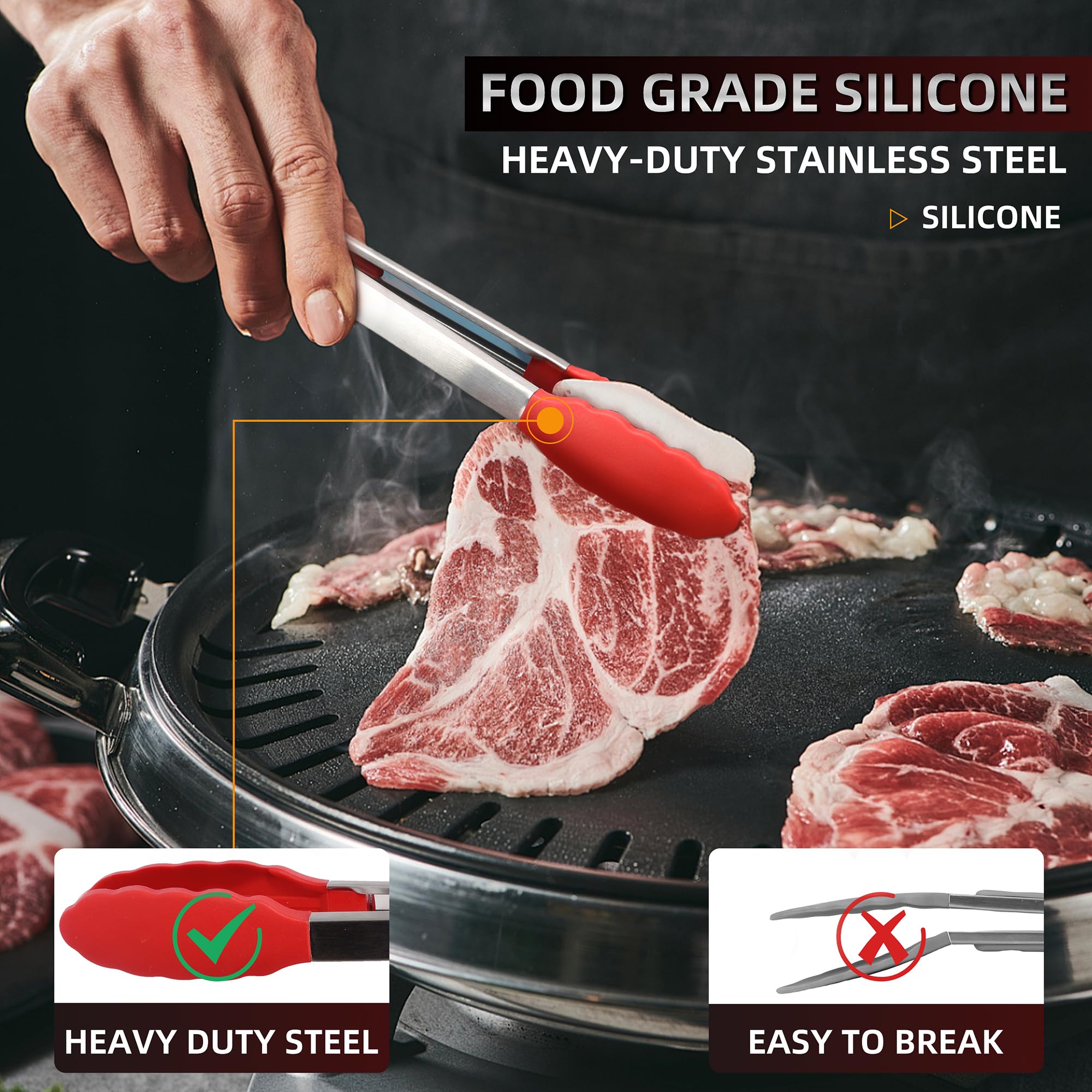 Pinzas de Cocina de Acero Inoxidable de, Paquete de 3 para Cocinar a la Parrilla y Barbacoa. Pinzas de Bloqueo de Metal Cepillado Duraderas con Cómodo Agarre Ergonómico