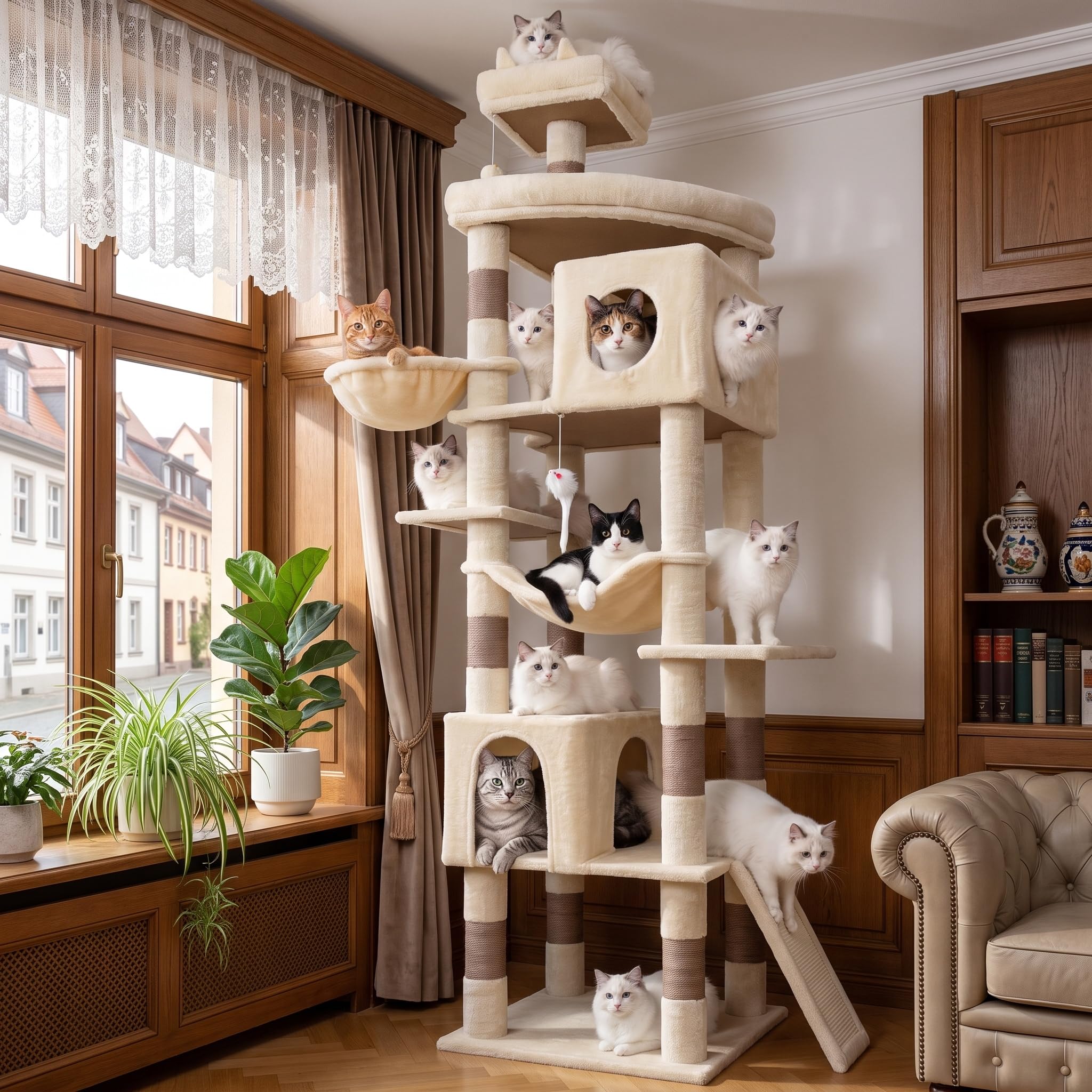 Arbre à Chat 213cm XXL, Tour à Chat Géant pour Grands Chats, Beige | 11 Griffoirs Sisal, 2 Nichoirs, Hamac, Panier, Griffoir Incliné, 2 Plateformes, 2 Jouets, Idéal pour 3-5 Chats, EPT21BW