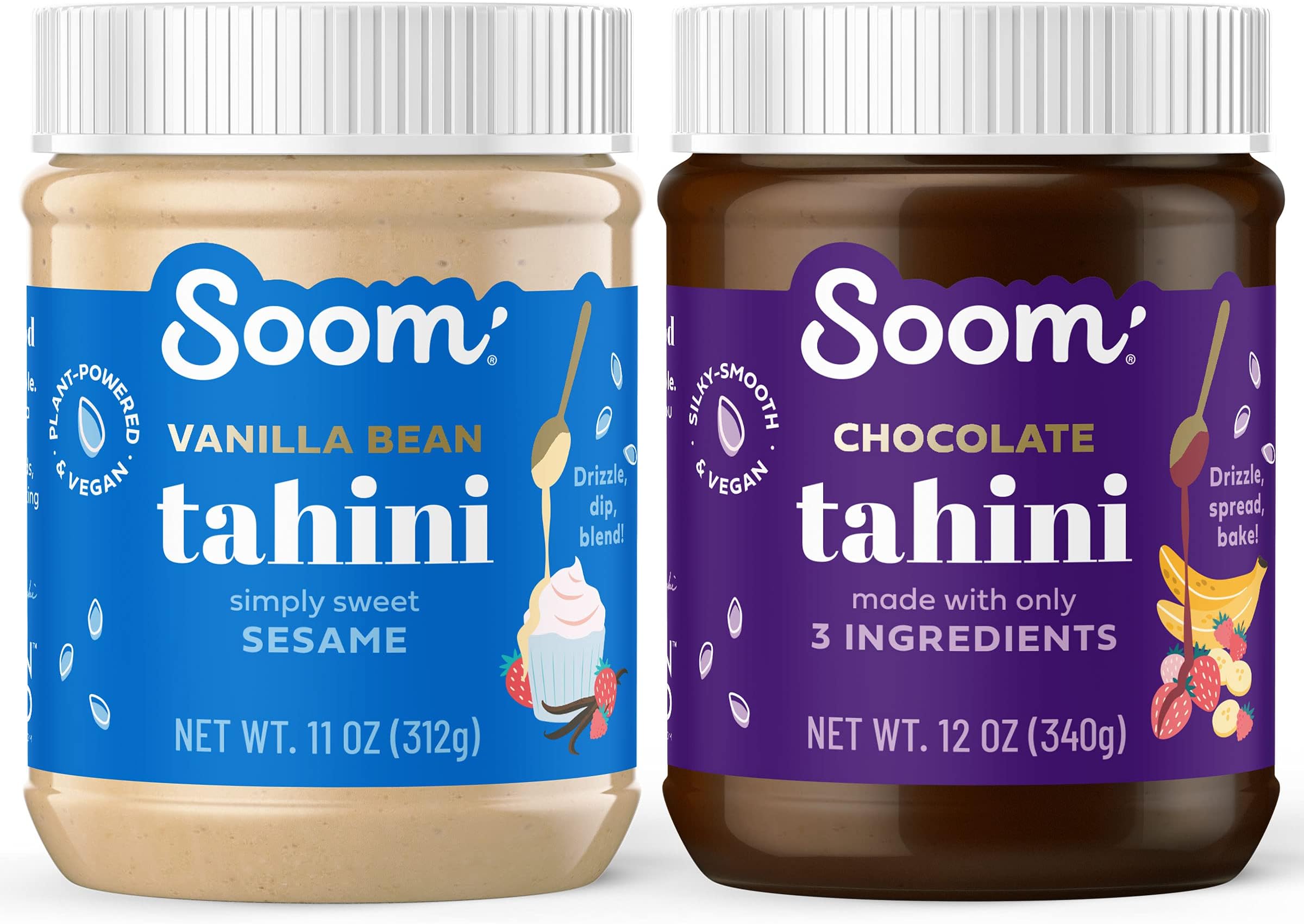 Soom Foods Sweet Tahini Paste Two Flavor Sampler: (1) Chocolate 12oz and (1) Vanilla Bean 11oz | Silky Smooth Texture in Baking, Desserts, and Hummus | Vegan, Nut-Free, Gluten-Free