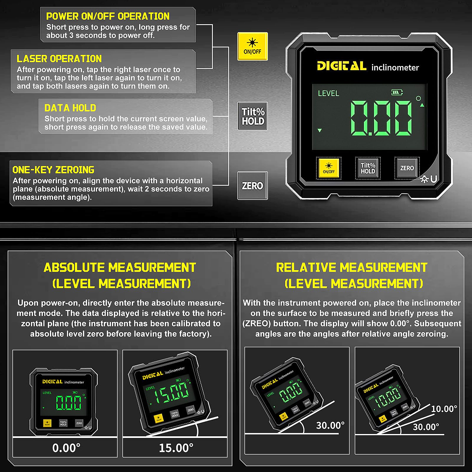 Inclinomètre Numérique Magnétique, Niveau Electronique USB Rechargeable avec Laser, 4 Faces Magnétiques Niveau Digital avec Écran LED pour Travail du Bois, Travaux, Construction, Machines