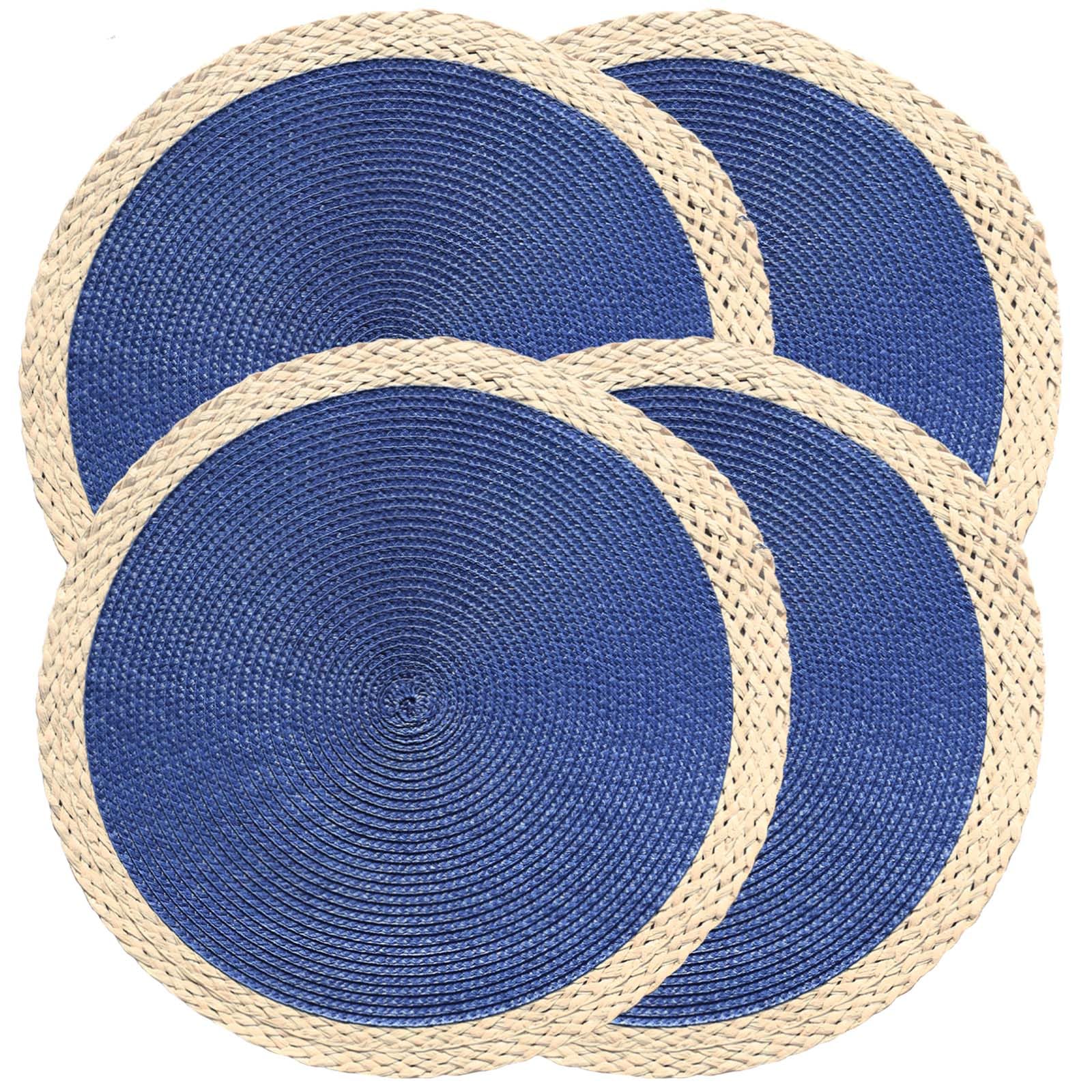 Noctiflorous Round Braided Placemats Set of 4 Table Mats 15 Inches Washable Heat Resistant for Dining Table Non-Slip Indoor Outdoor Place Mats for Easter(01 Beige Edge Blue 4) — image 1