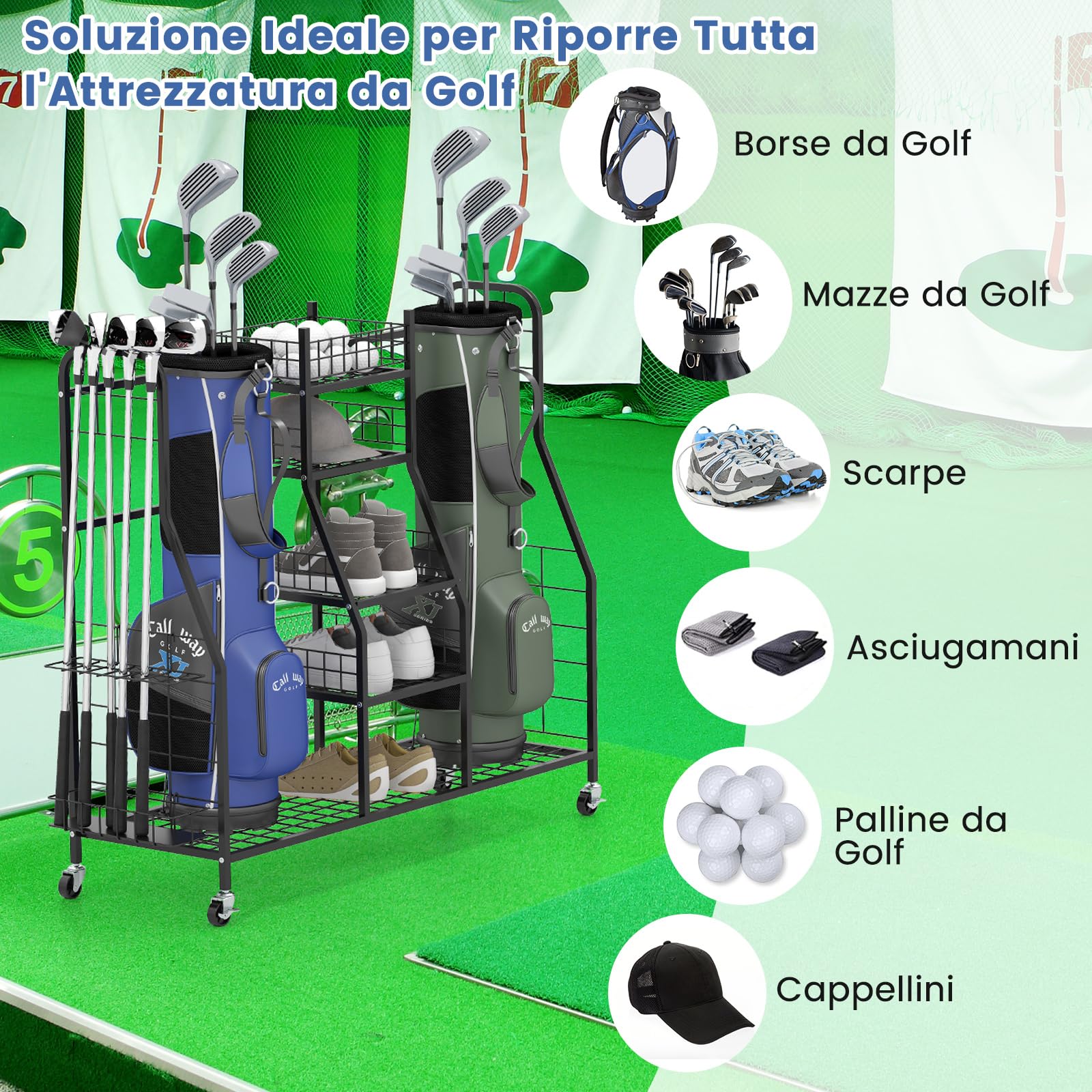 COSTWAY Organizer per Borse da Golf, Carrello per Sacca da Golf con Supporti Rimovibili, Cesta in Rete, Scaffali Aperti, Vassoio e Ruote, Organizzatore Salvaspazio in Metallo per Casa e Garage