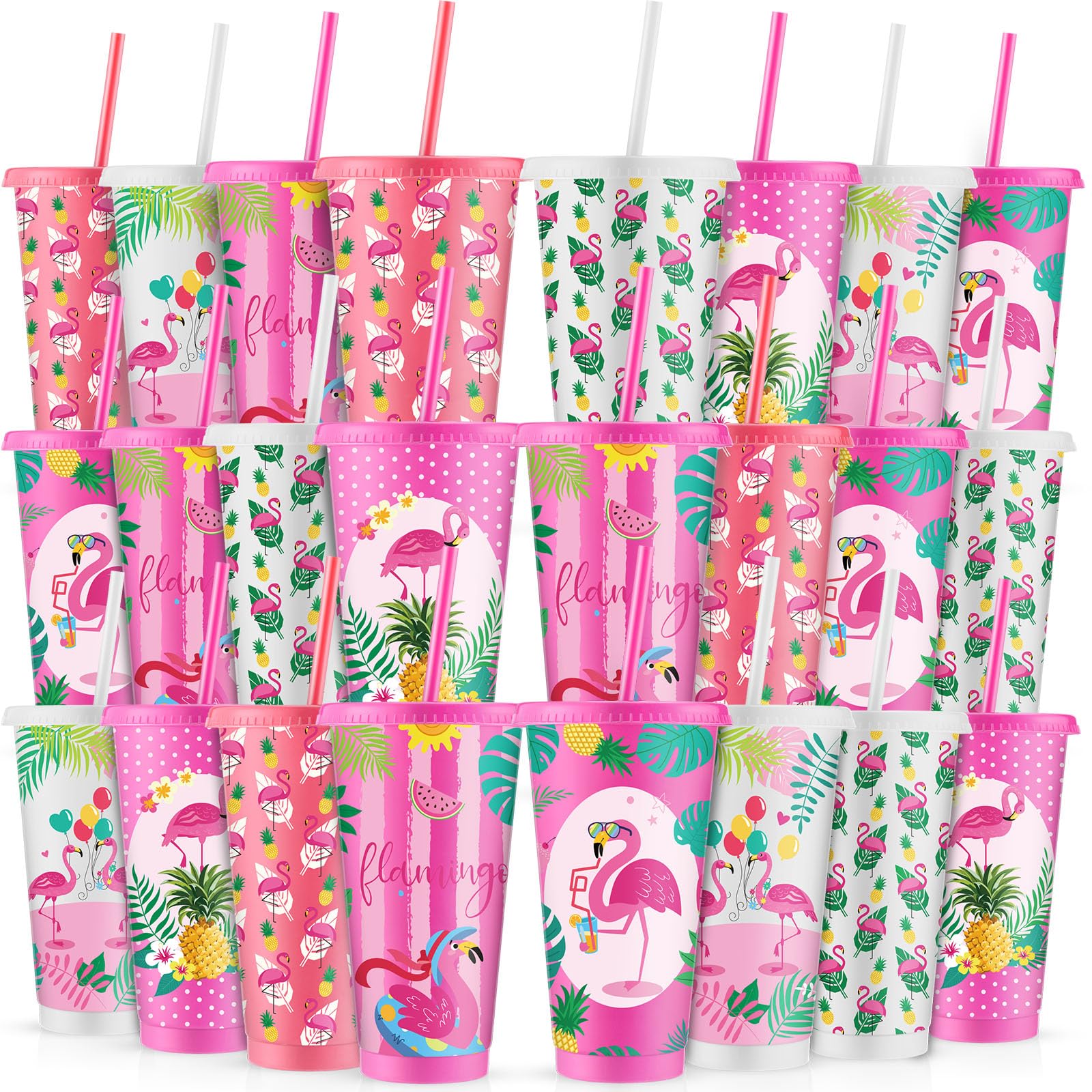Cholemy 24 Stück 680 ml Flamingo-Plastikbecher mit Deckel und Strohhalmen, Flamingo-Partyzubehör, wiederverwendbare Trinkgläser für Saft, Wasser, Kaffee, Tee, Geburtstagsparty-Zubehör