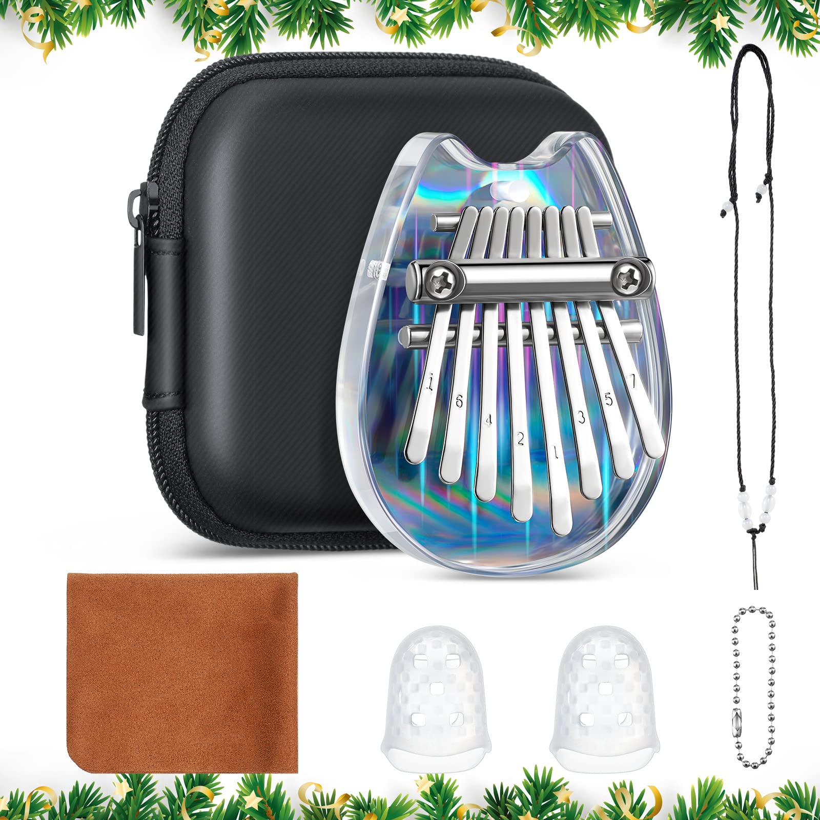7 Pcs 8 Keys Mini Kalimba Piano Sets, Include Mini Finger Thumb Piano with Lanyard Chain, Finger Protector and Cleaning Cloth for Kids and Adults Musical Beginners (Rainbow Cat Style)