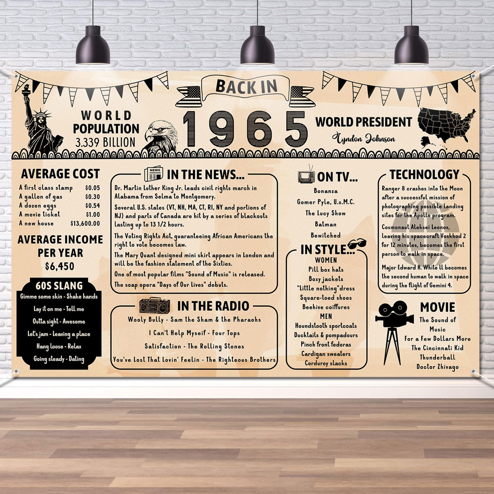 Back in 1965 Backdrop Large Wall Banner, Retro Style Happy 61st Birthday Wedding Anniversary 61 Years Class Reunion Poster Background for Men Women