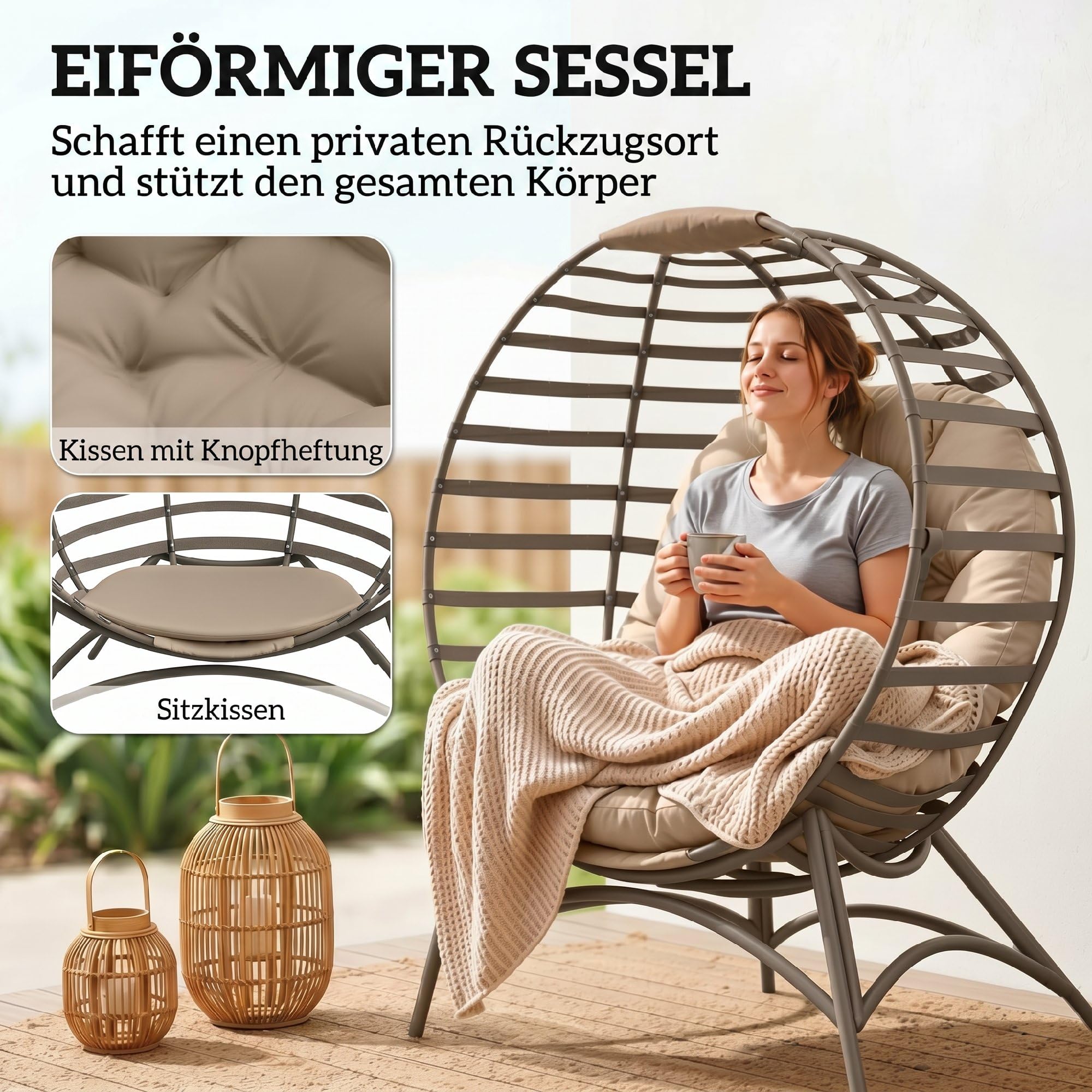 Outsunny Papasansessel mit Kissen Faltbar 118 x 77 x 139 cm Sandbraun | Gartenstuhl, Korb-Stuhl Oval, Loungesessel, Korbsessel Outdoor, für Balkon Terrasse Indoor, Stahl